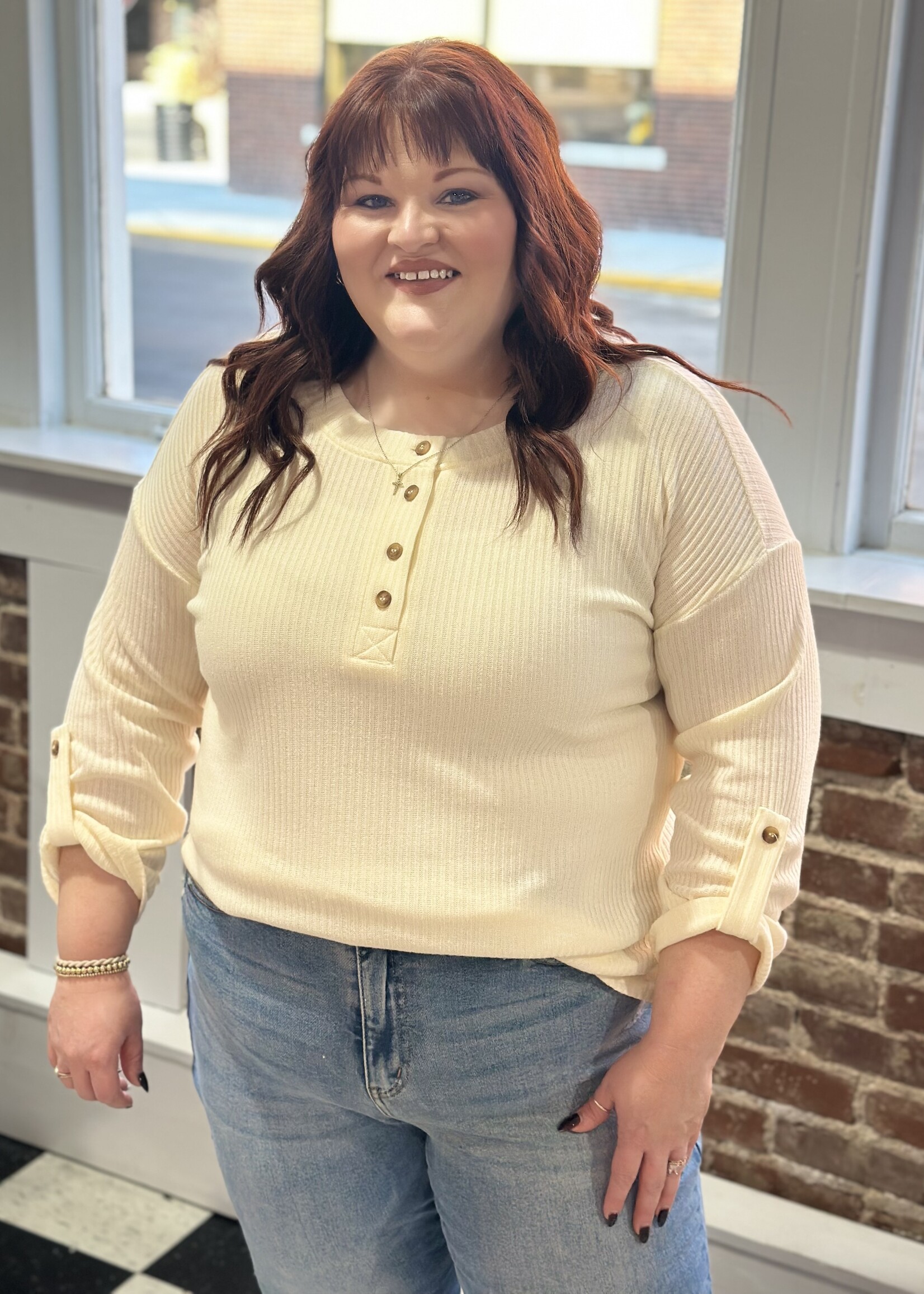 Cream 3/4 Tab Sleeve Henley Top