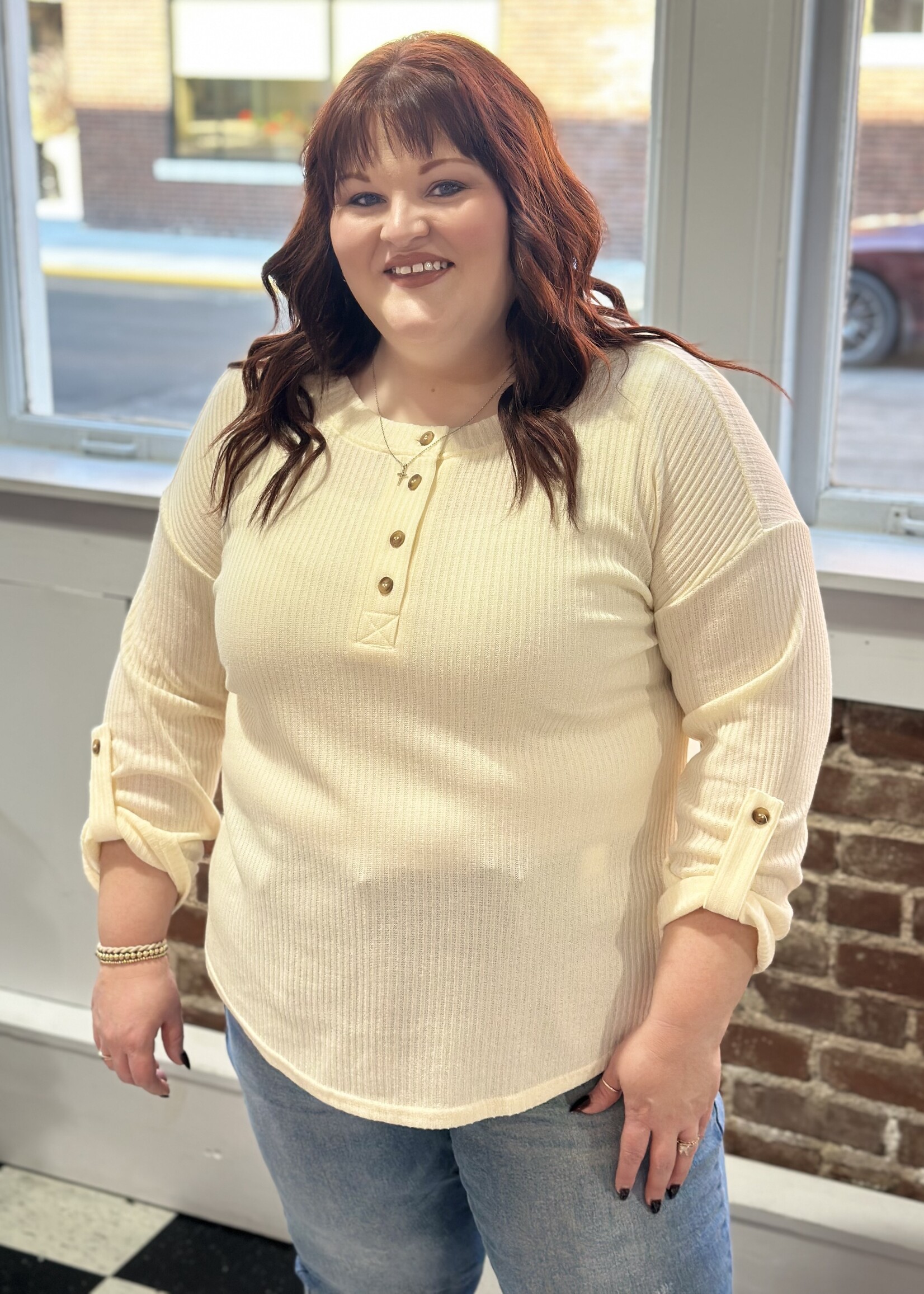 Cream 3/4 Tab Sleeve Henley Top