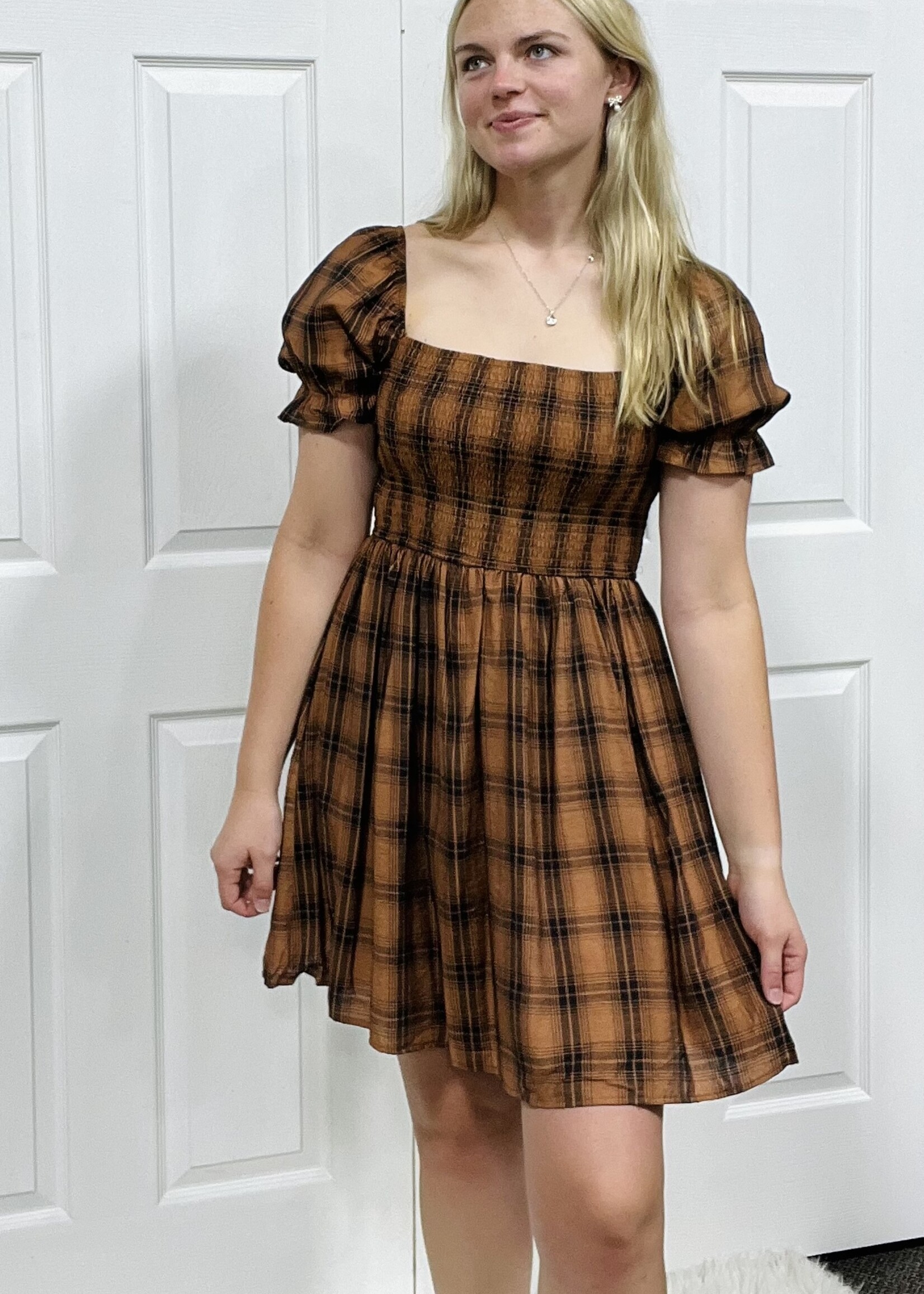 Blu Pepper Burnt Orange Plaid Puff Sleeve Dress