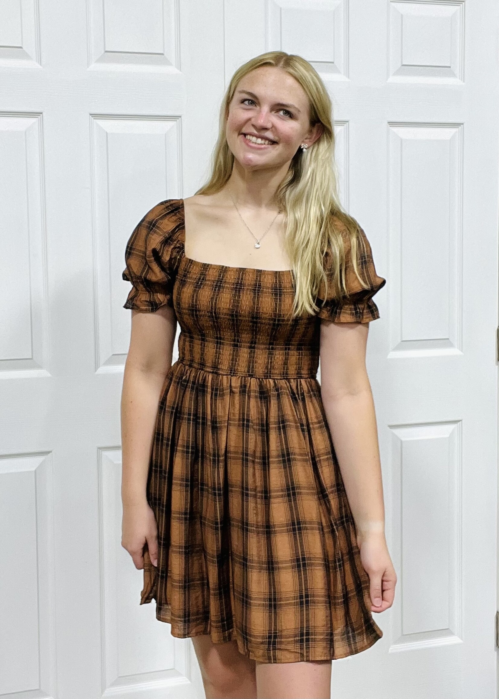 Blu Pepper Burnt Orange Plaid Puff Sleeve Dress