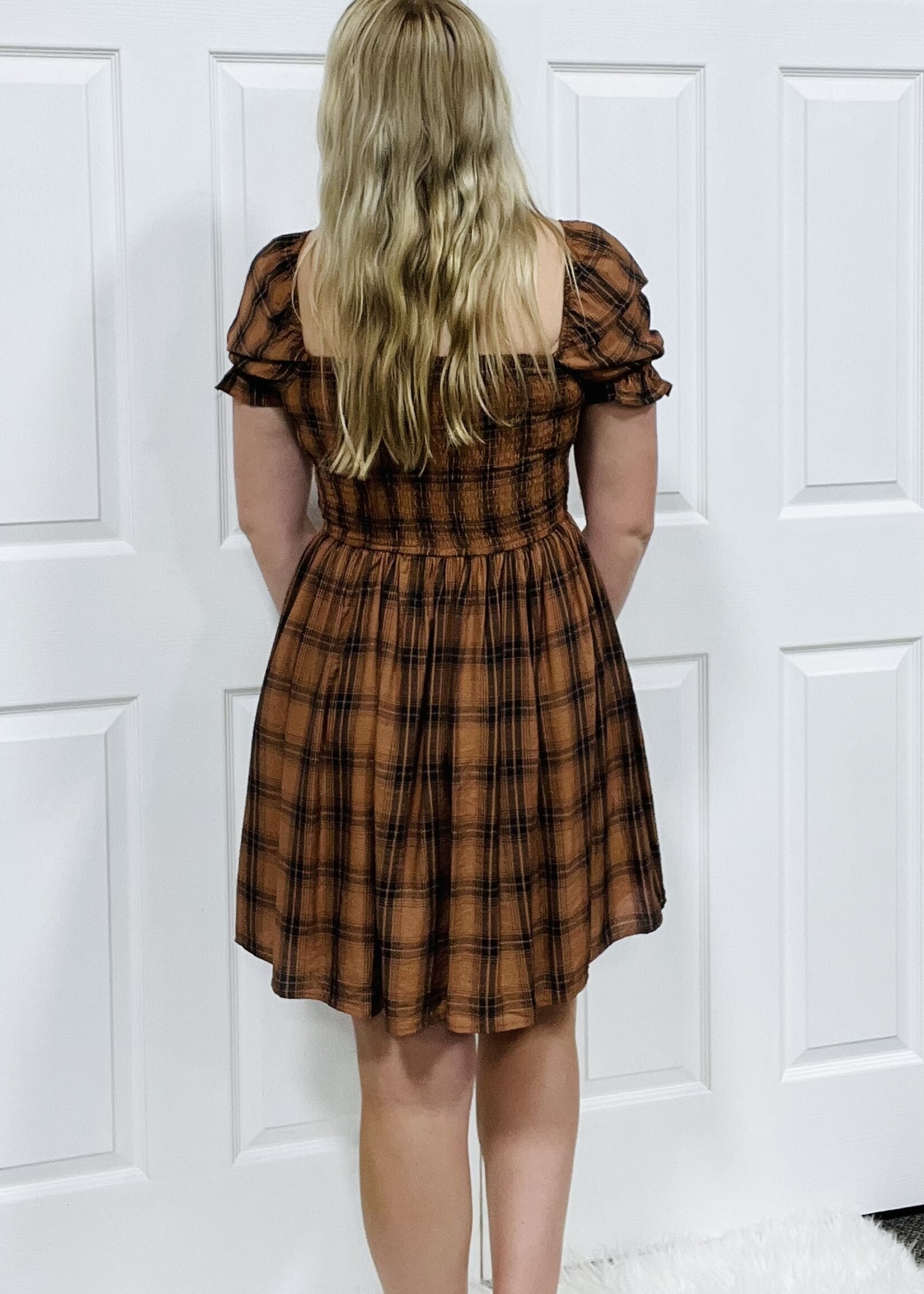 Blu Pepper Burnt Orange Plaid Puff Sleeve Dress
