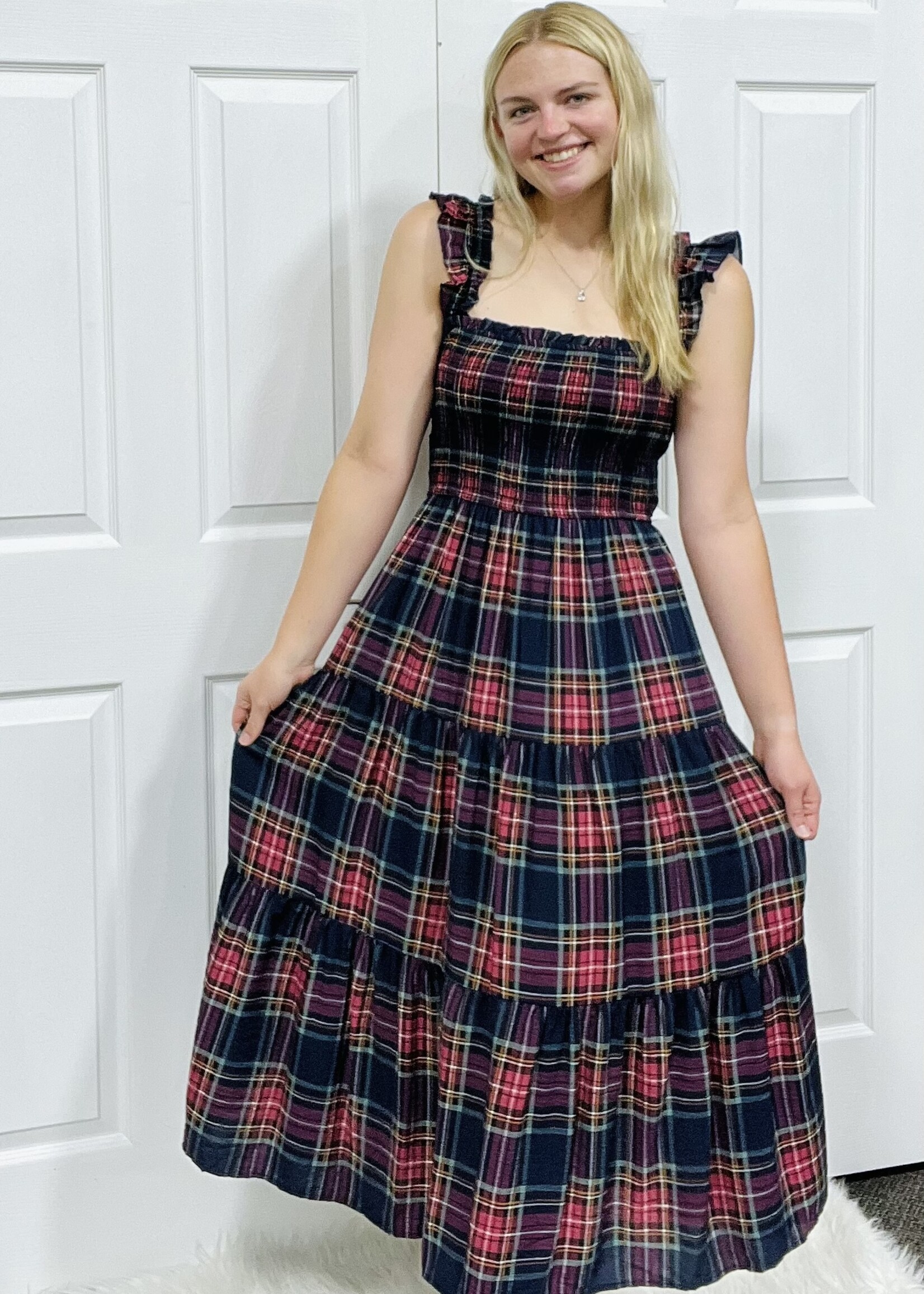 Blu Pepper Navy Plaid Smocked Maxi Dress