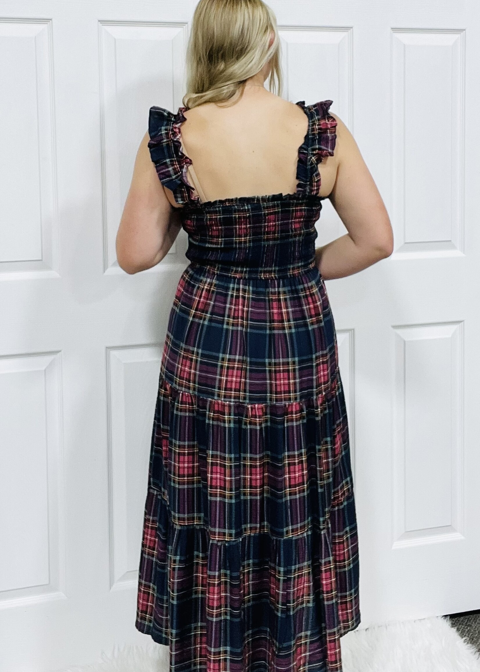 Blu Pepper Navy Plaid Smocked Maxi Dress