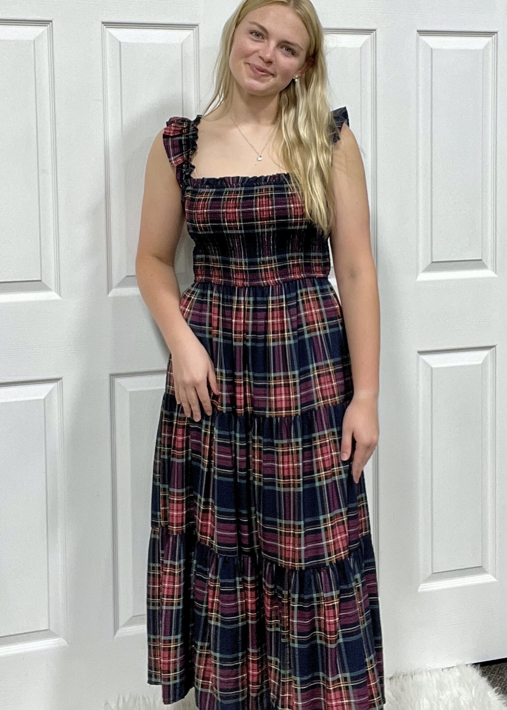 Blu Pepper Navy Plaid Smocked Maxi Dress