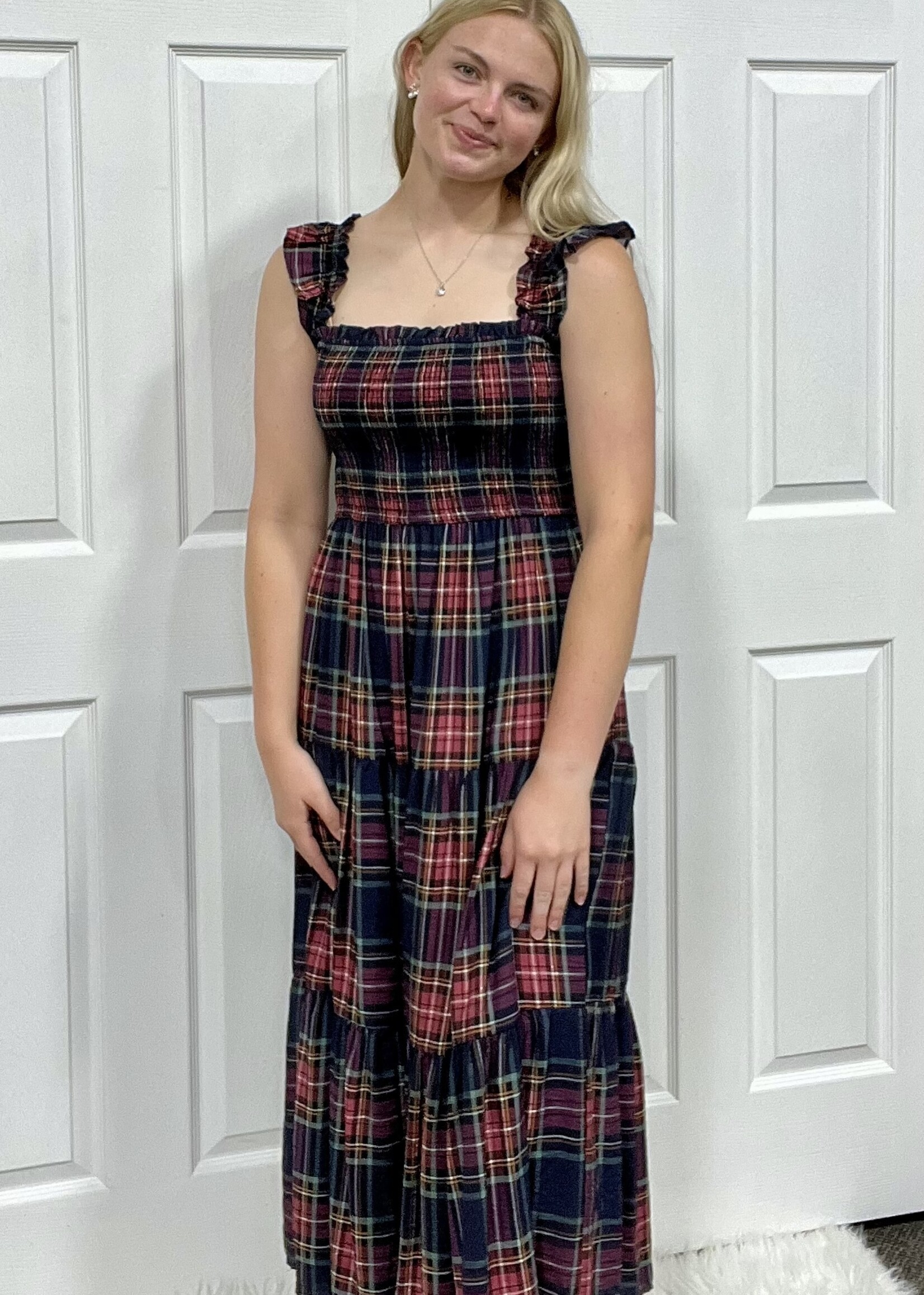 Blu Pepper Navy Plaid Smocked Maxi Dress