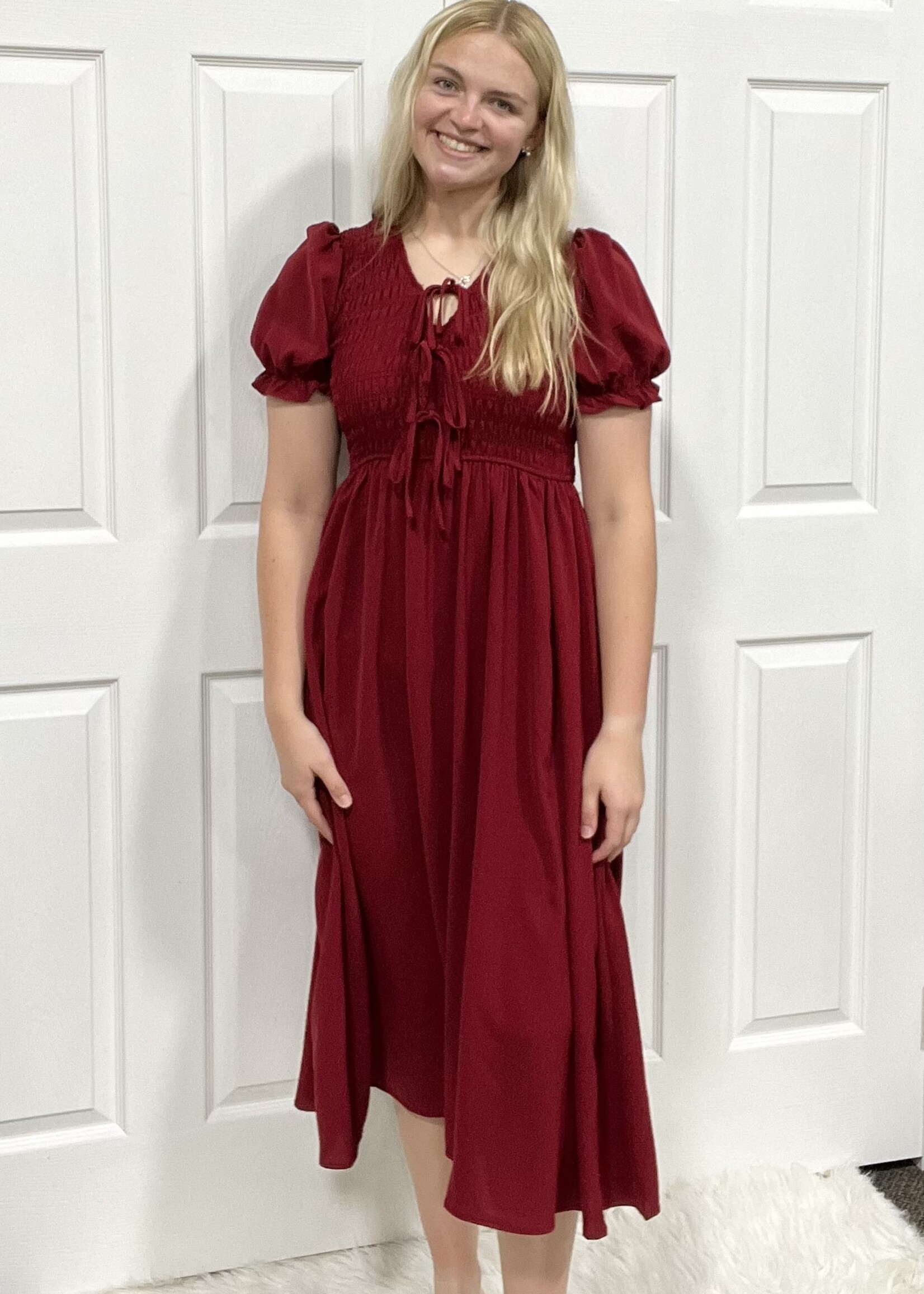 Blu Pepper The Victoria Smocked Tie Front Midi Dress