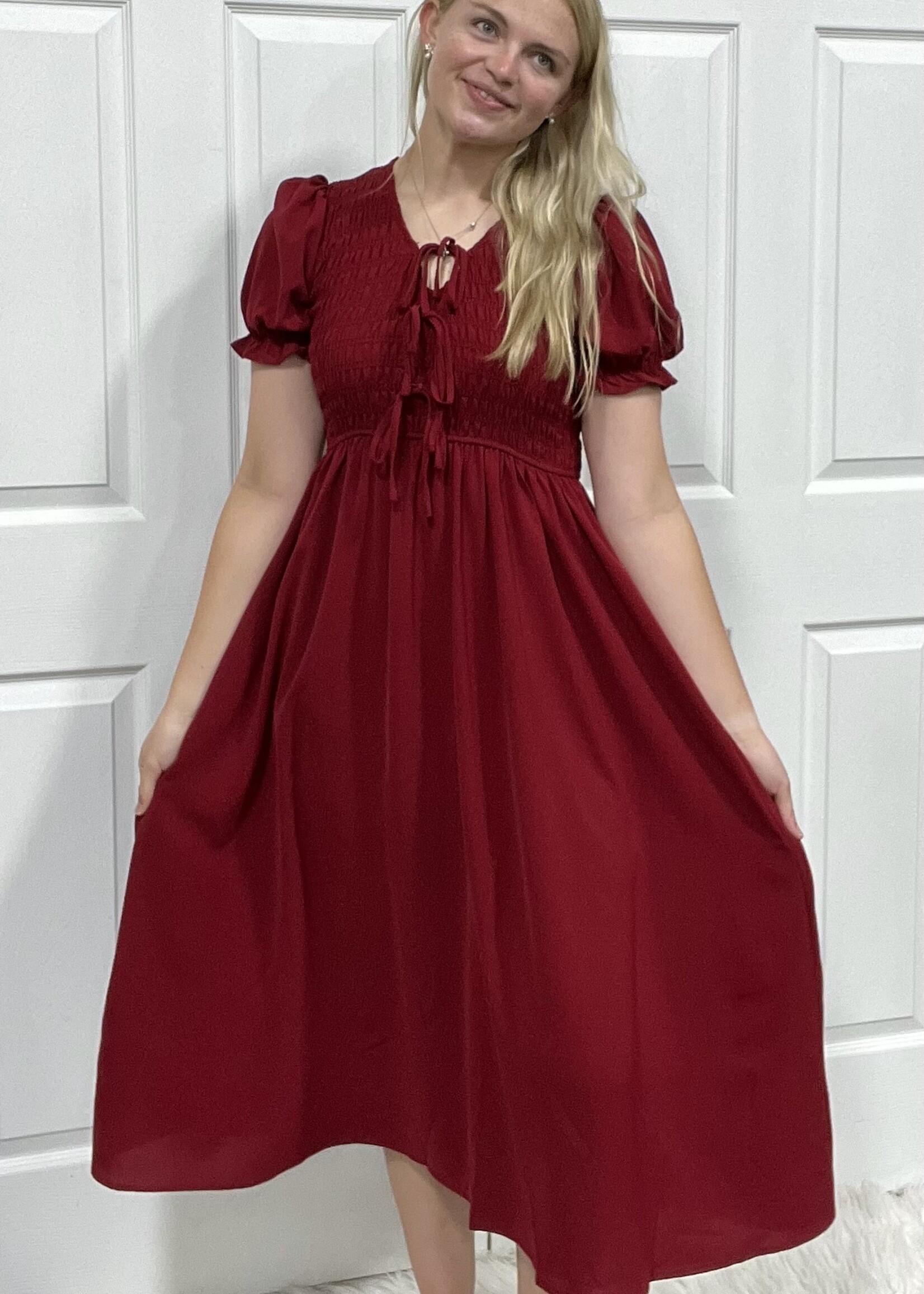 Blu Pepper The Victoria Smocked Tie Front Midi Dress