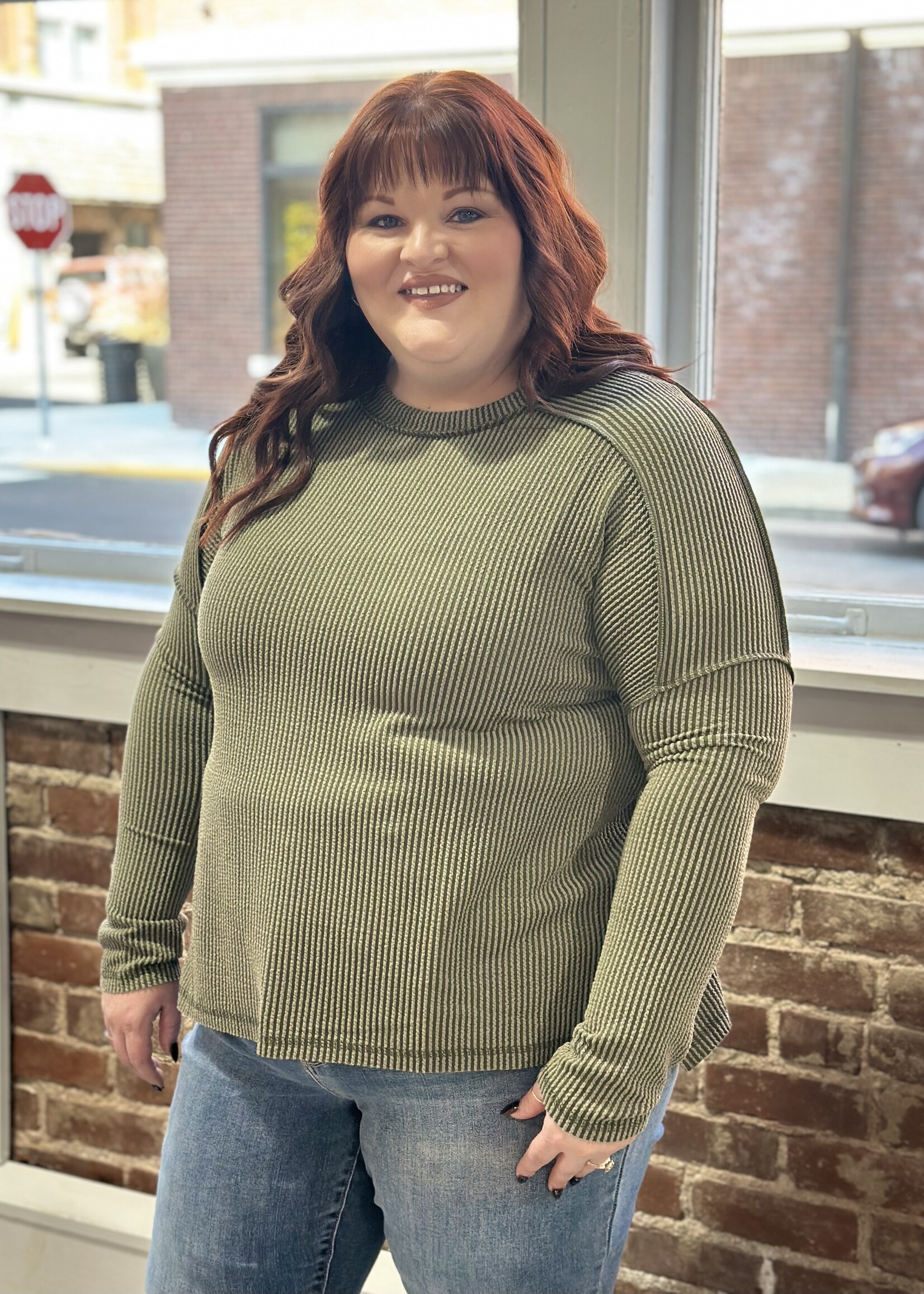 Zenana Ribbed Split Side Top in Brown