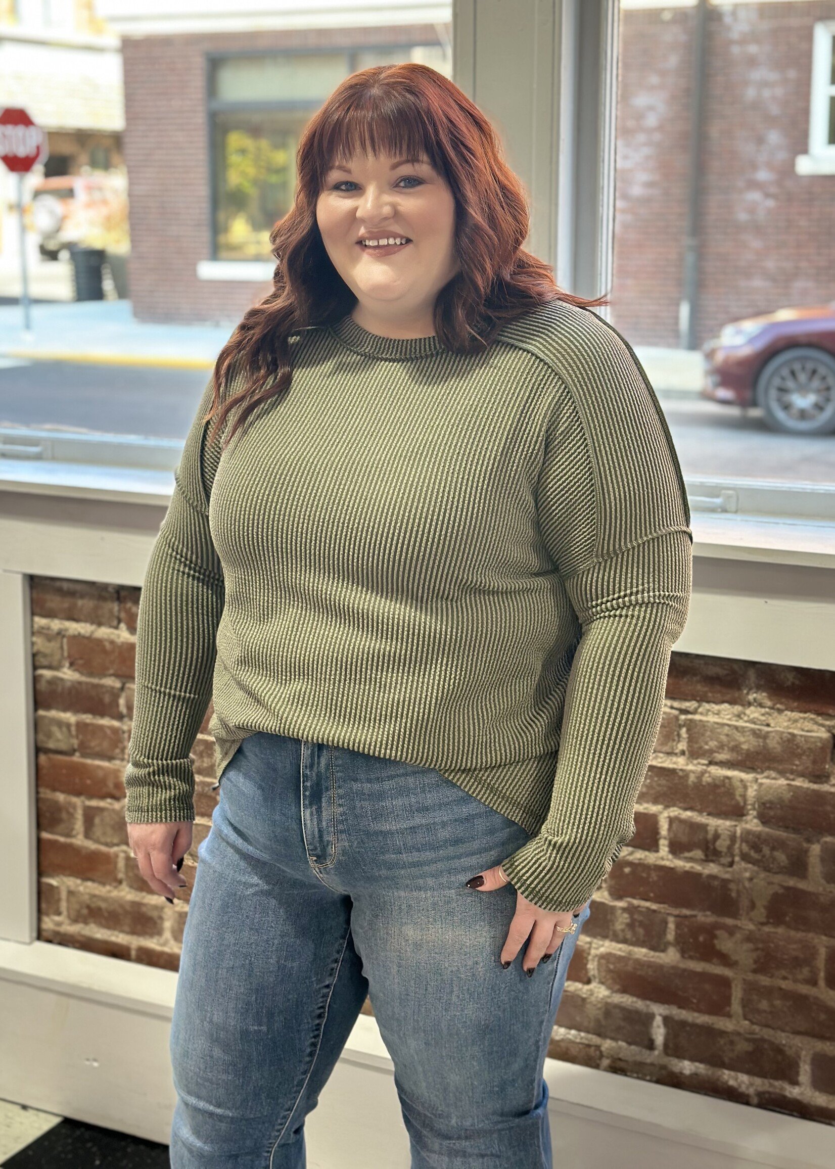 Zenana Ribbed Split Side Top in Olive