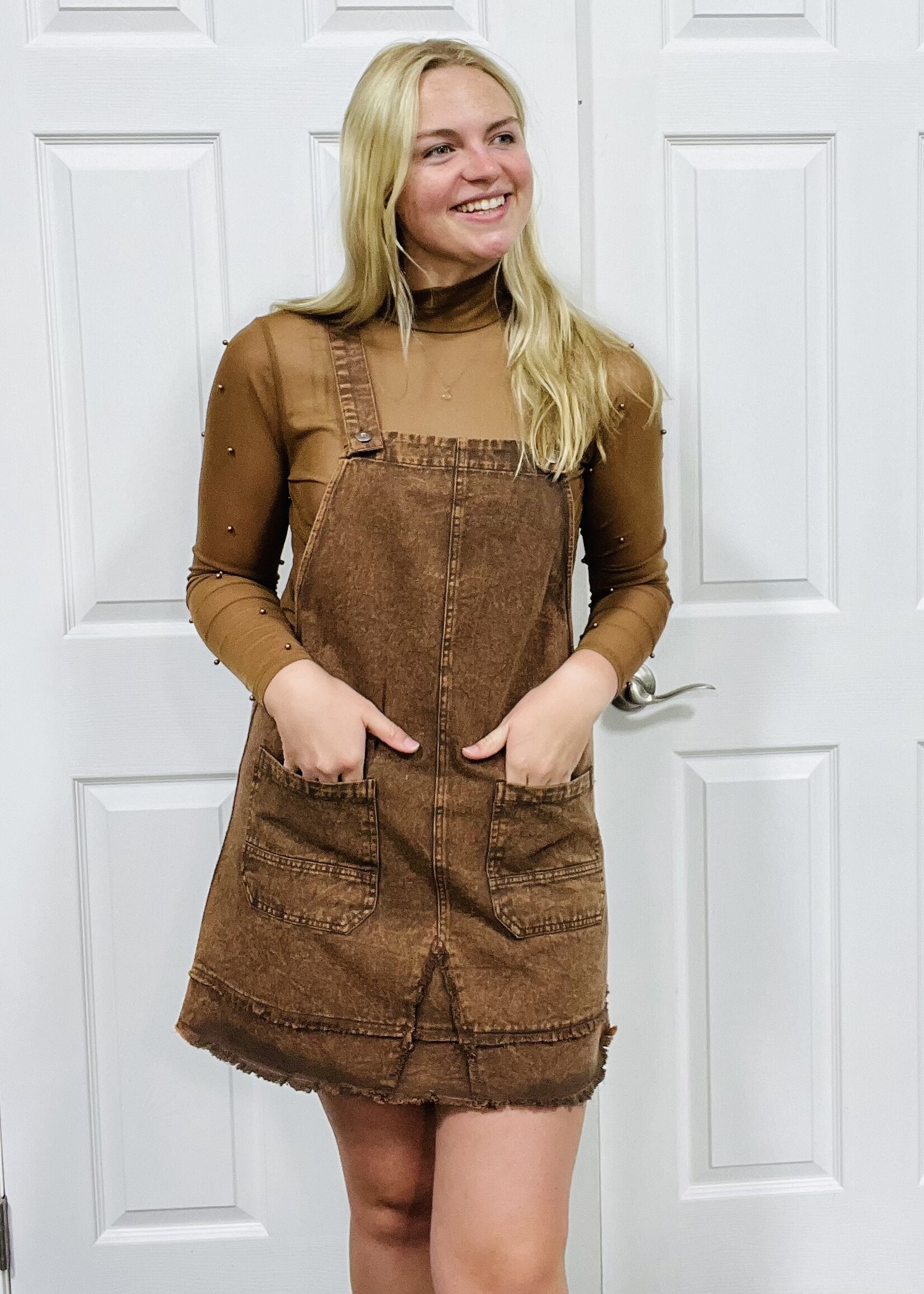 Very J Mineral Washed Mocha Overall Dress