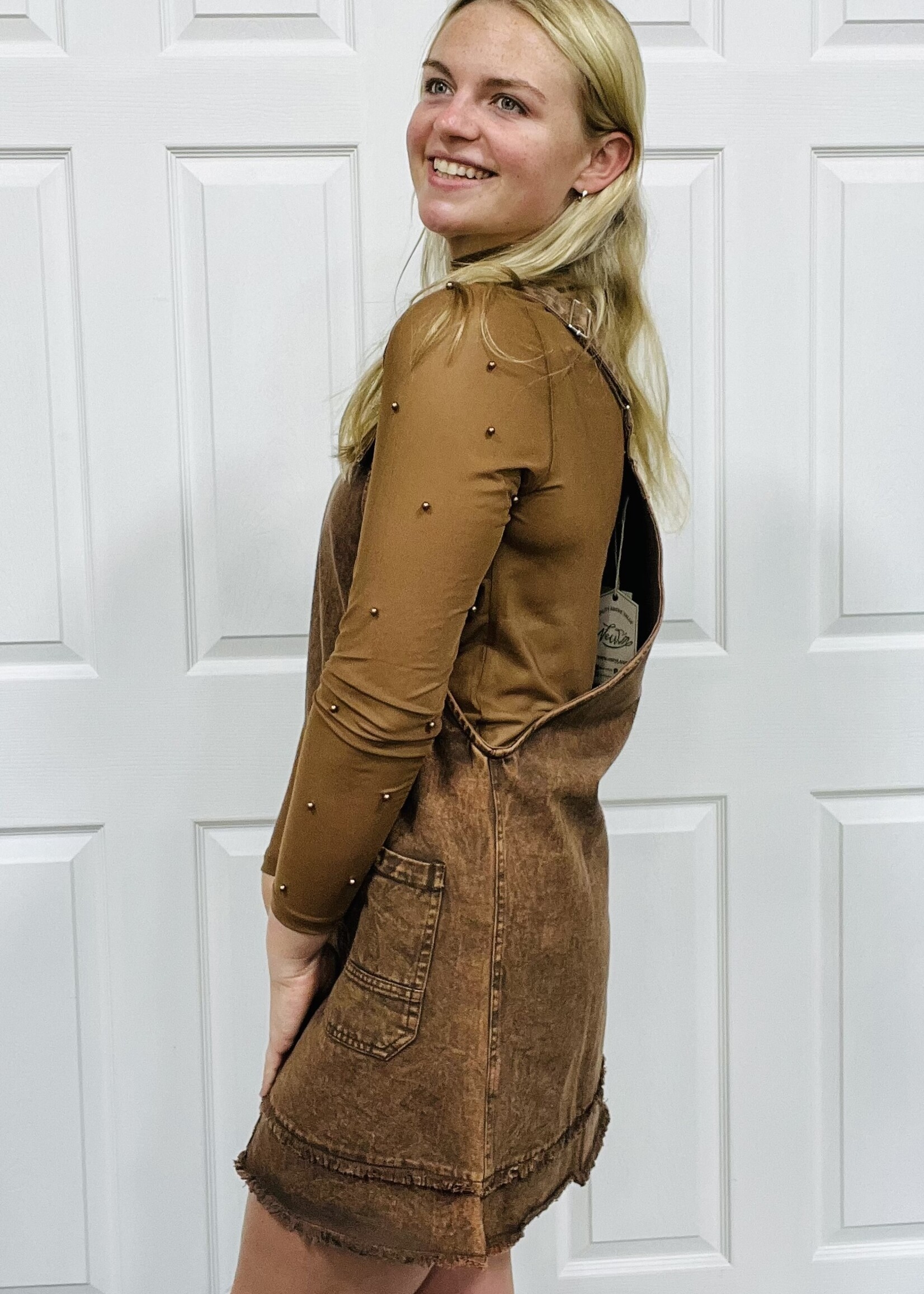 Very J Mineral Washed Mocha Overall Dress
