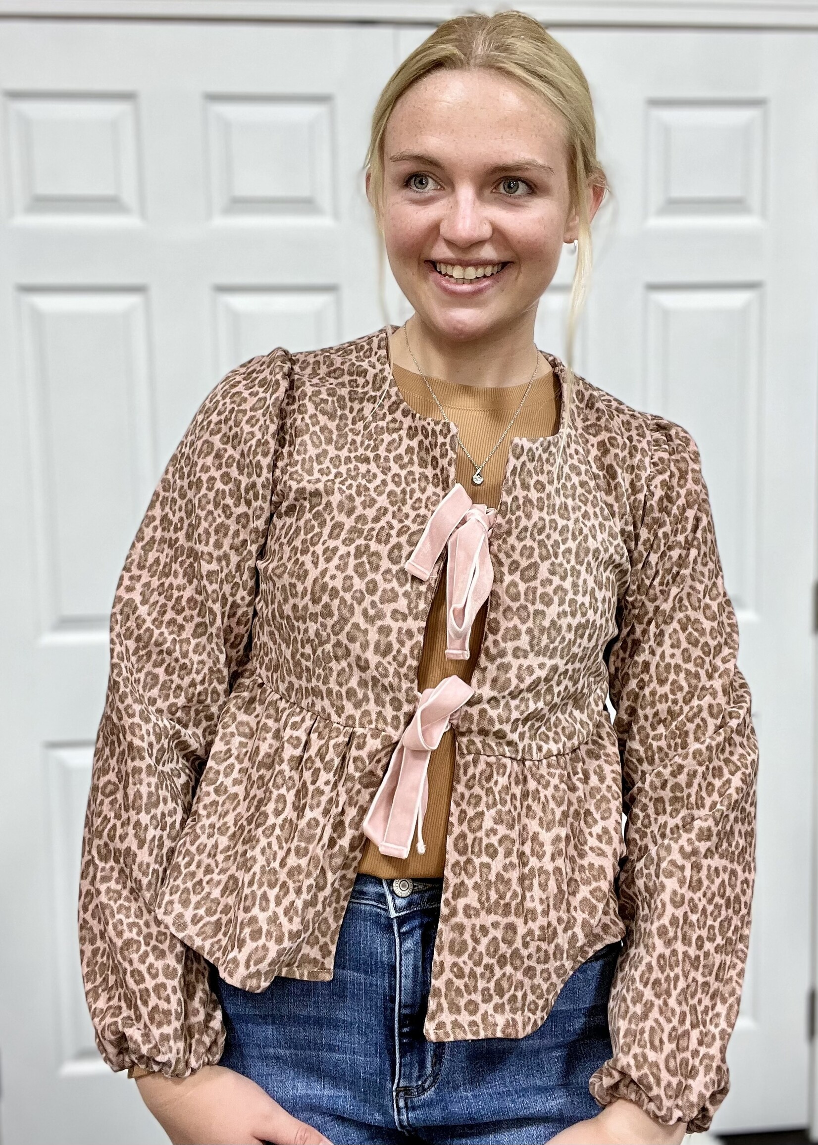 Very J Mauve Leopard Babydoll Tie Jacket