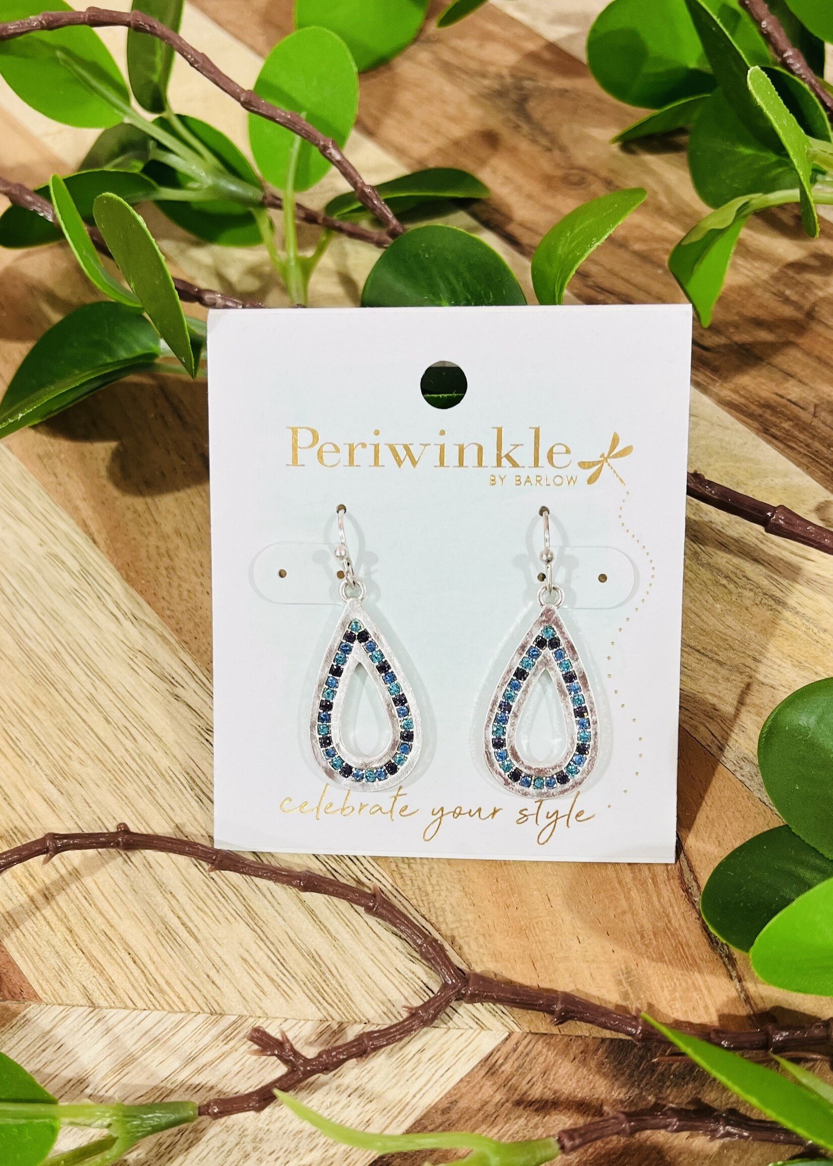 Silver Teardrop Earrings with Blue Crystals