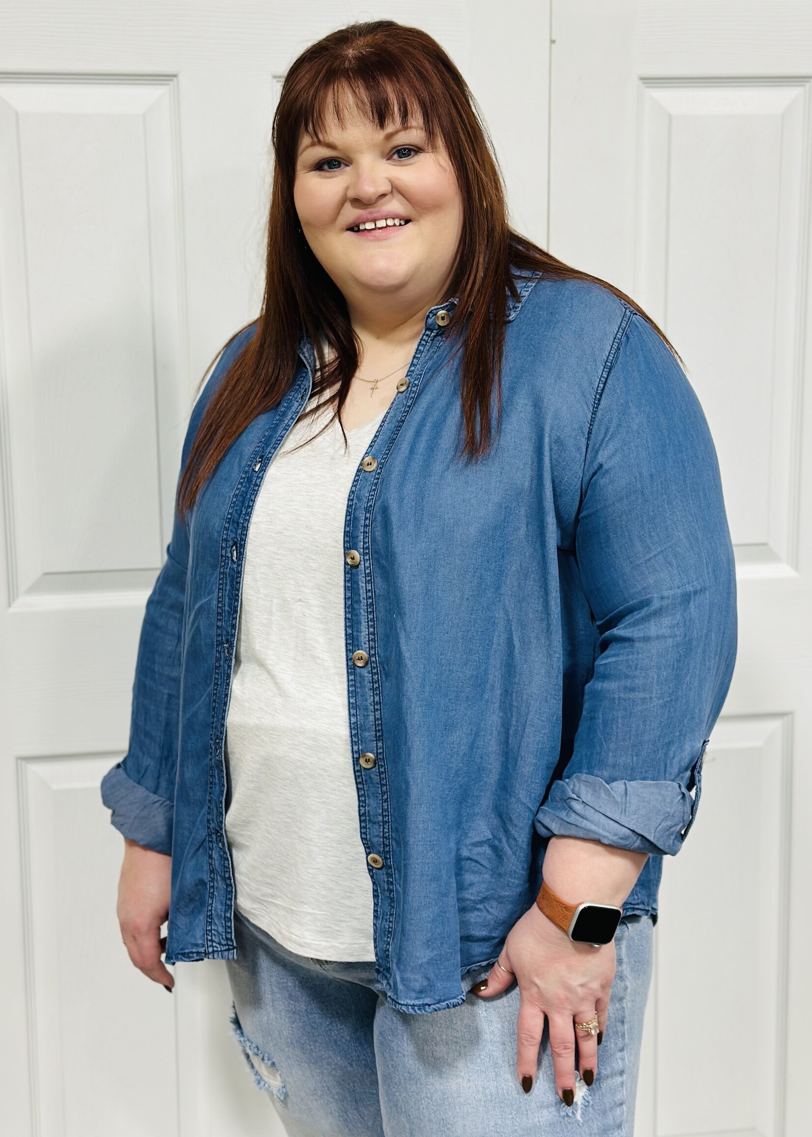 Blu Pepper Chambray Long Sleeve Button Up Top