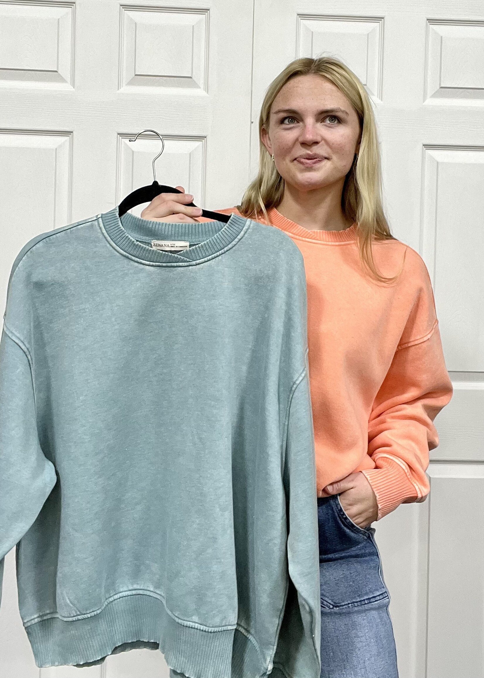 Zenana Acid Wash Split Neck Pullover