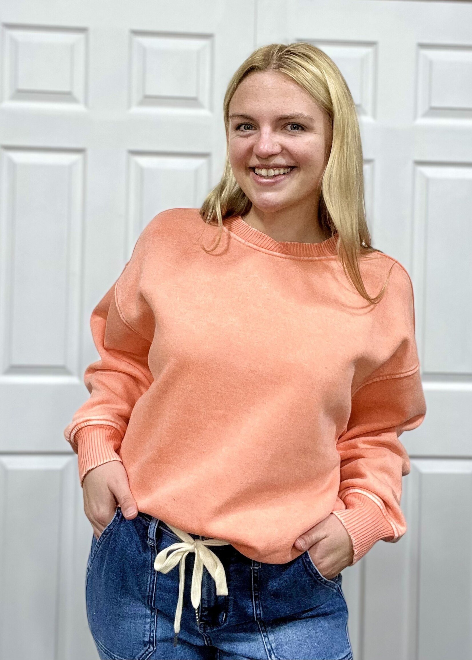 Zenana Acid Wash Split Neck Pullover