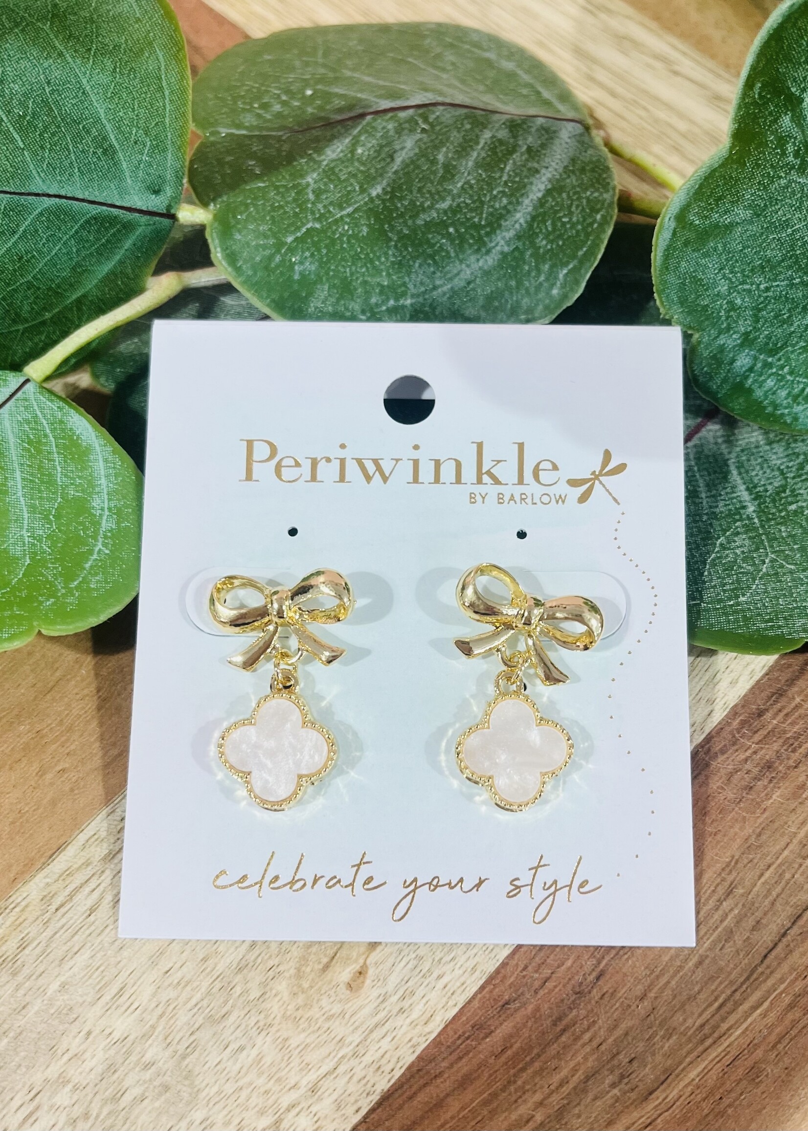 Periwinkle Gold Bow/White Clover Earrings
