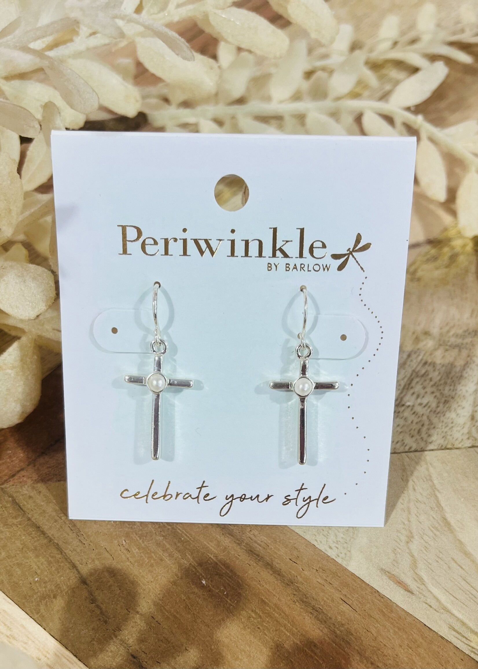 Periwinkle Silver Cross with Pearl Earrings