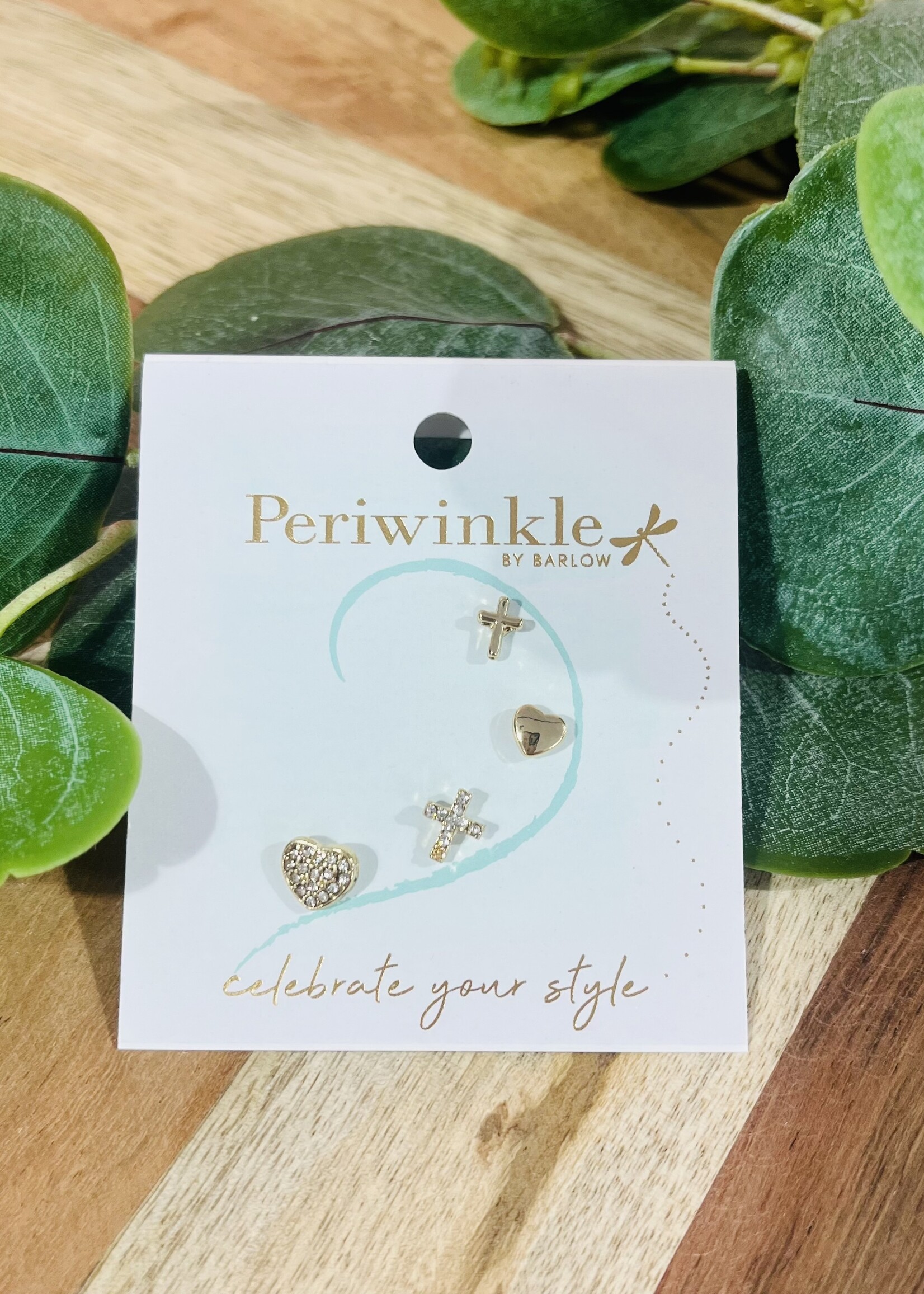 Periwinkle Heart/Cross Stud Earring Set