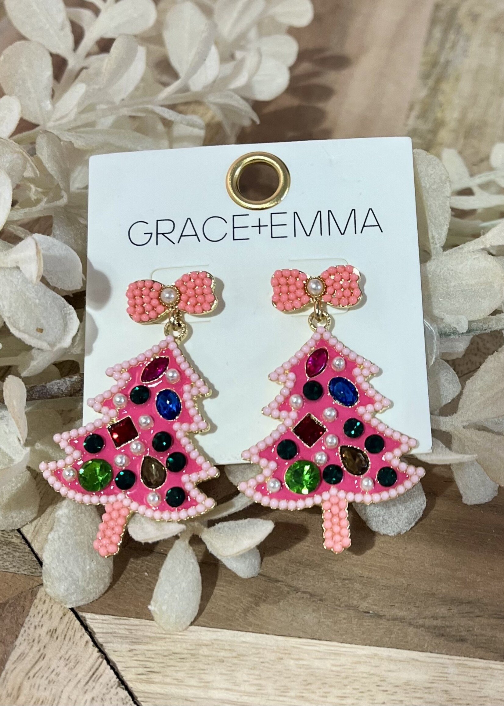 Grace+Emma Pink Jeweled Christmas Tree Earrings