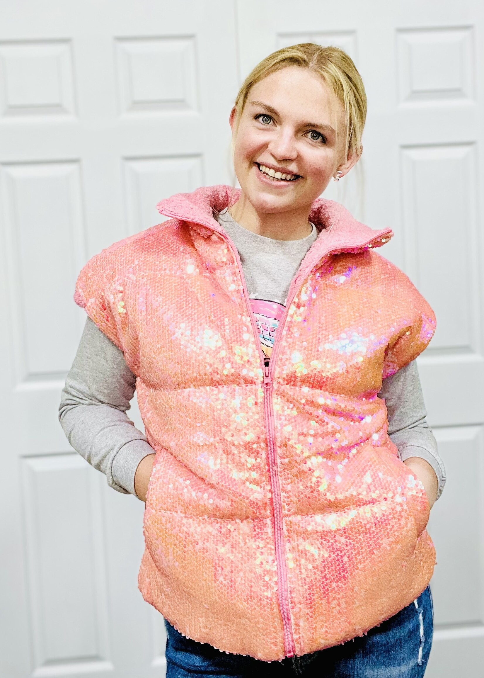 Grace+Emma Pink Sequin Puffer Vest