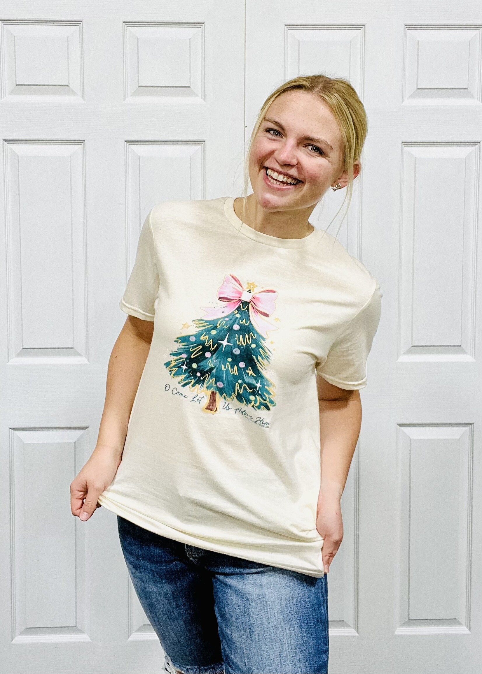 Southern Couture Come Let Us Adore Him Tree Graphic Tee