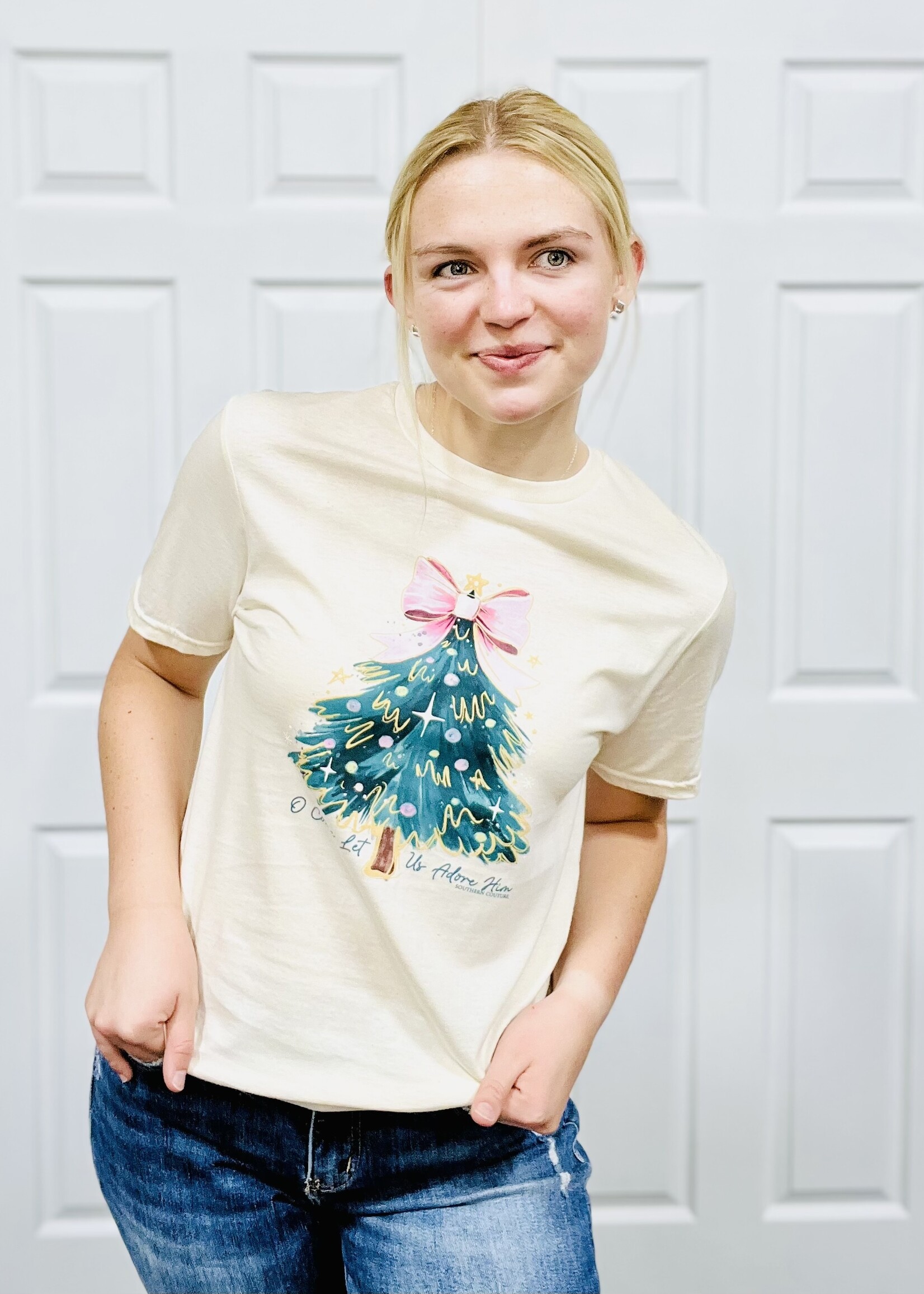 Southern Couture Come Let Us Adore Him Tree Graphic Tee
