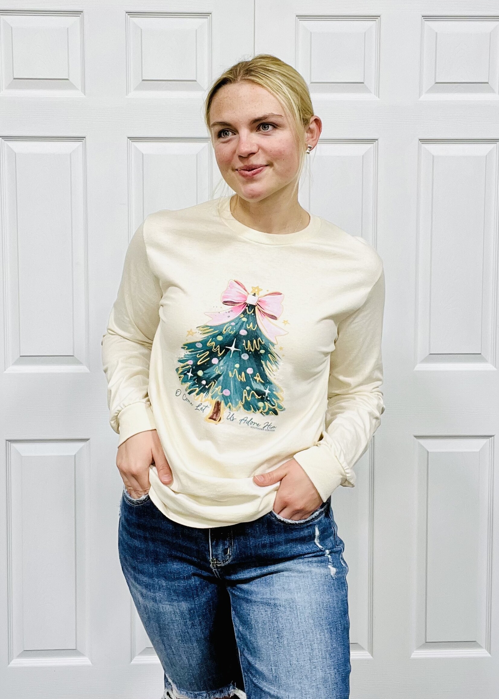 Southern Couture Come Let Us Adore Him LS Graphic Tee