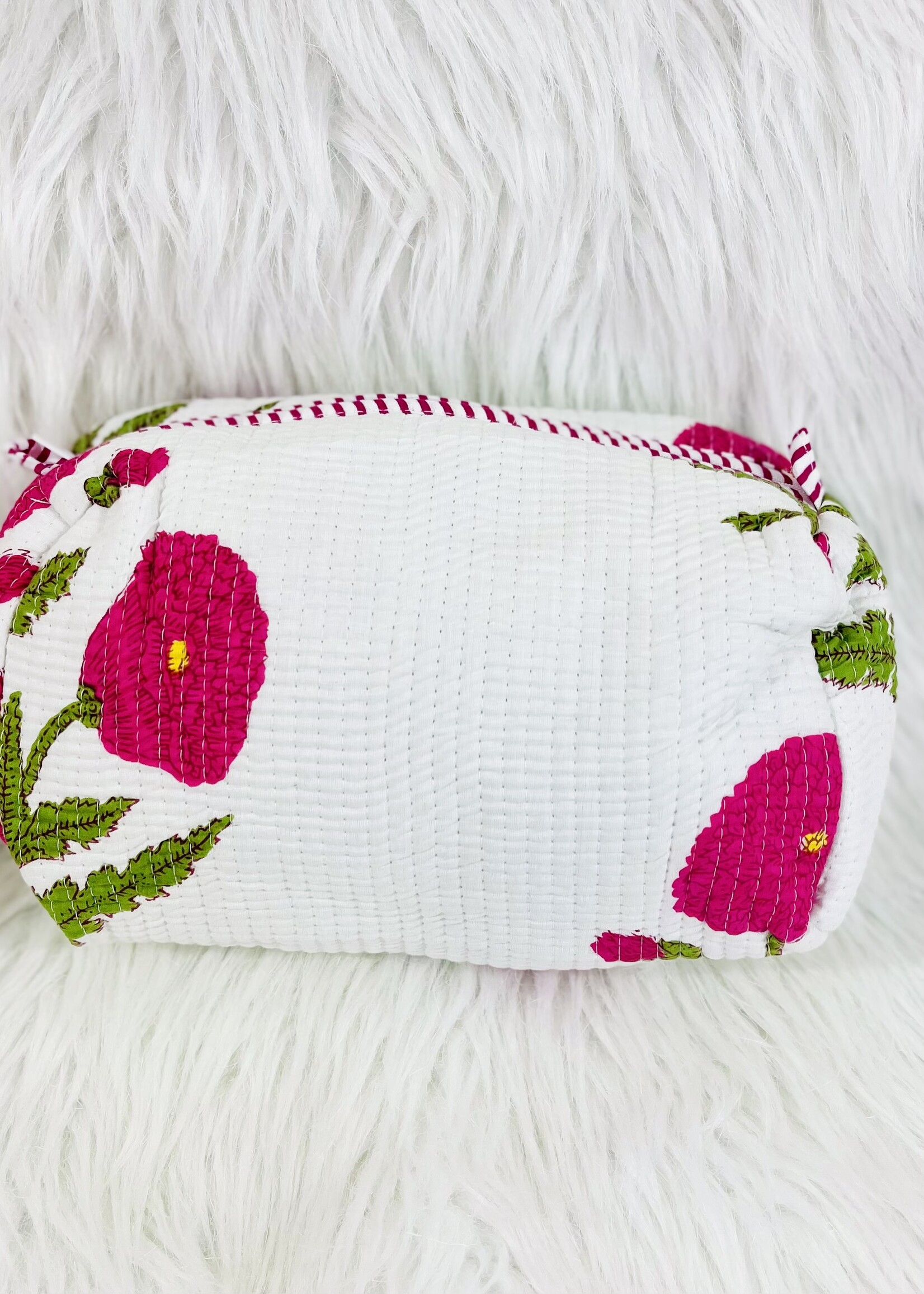 Quilted White Floral Cosmetic Bag-Large