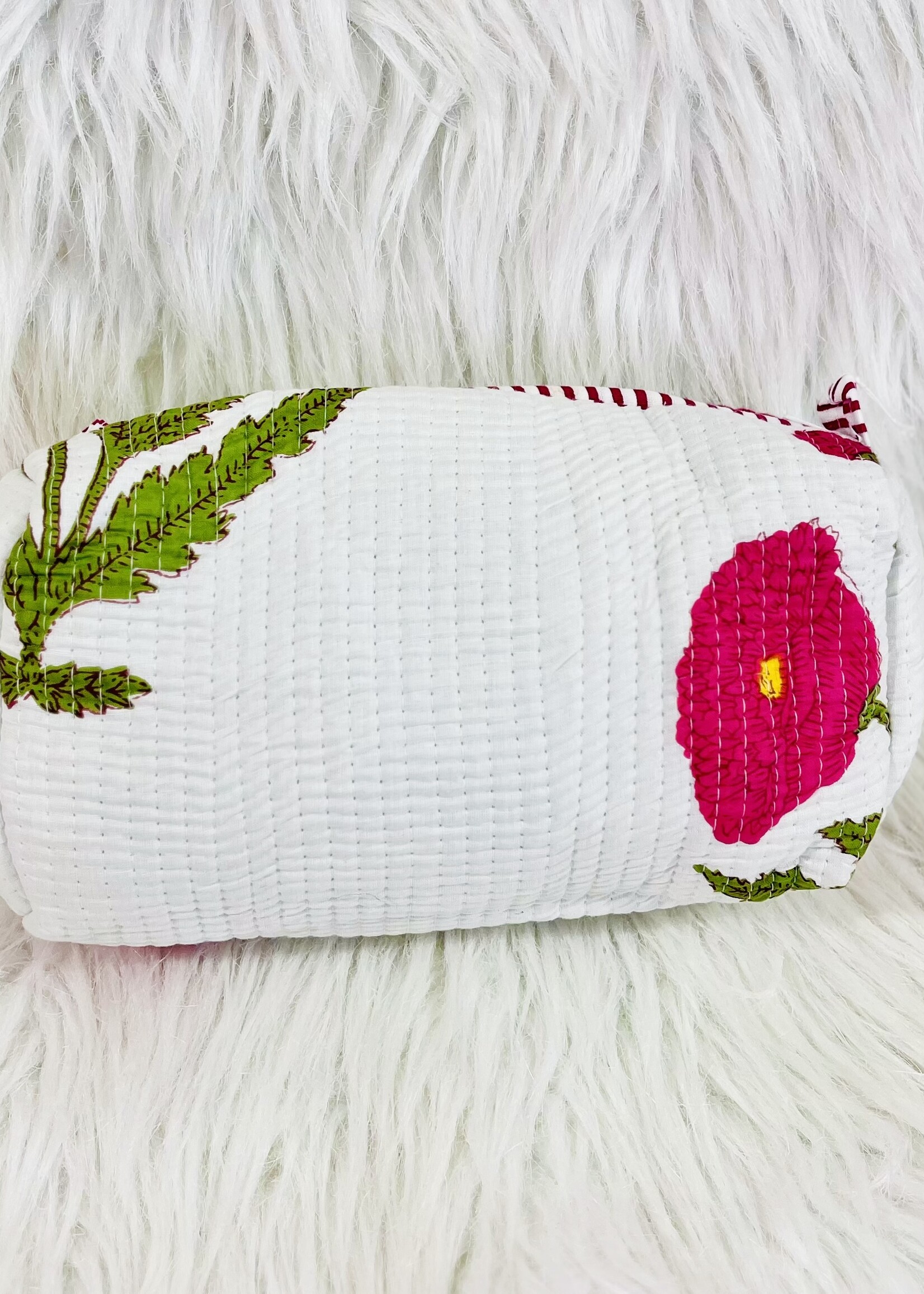 Quilted White Floral Cosmetic Bag-Medium