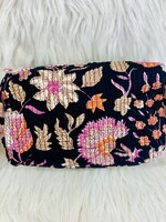 Quilted Black Floral Cosmetic Bag-Large