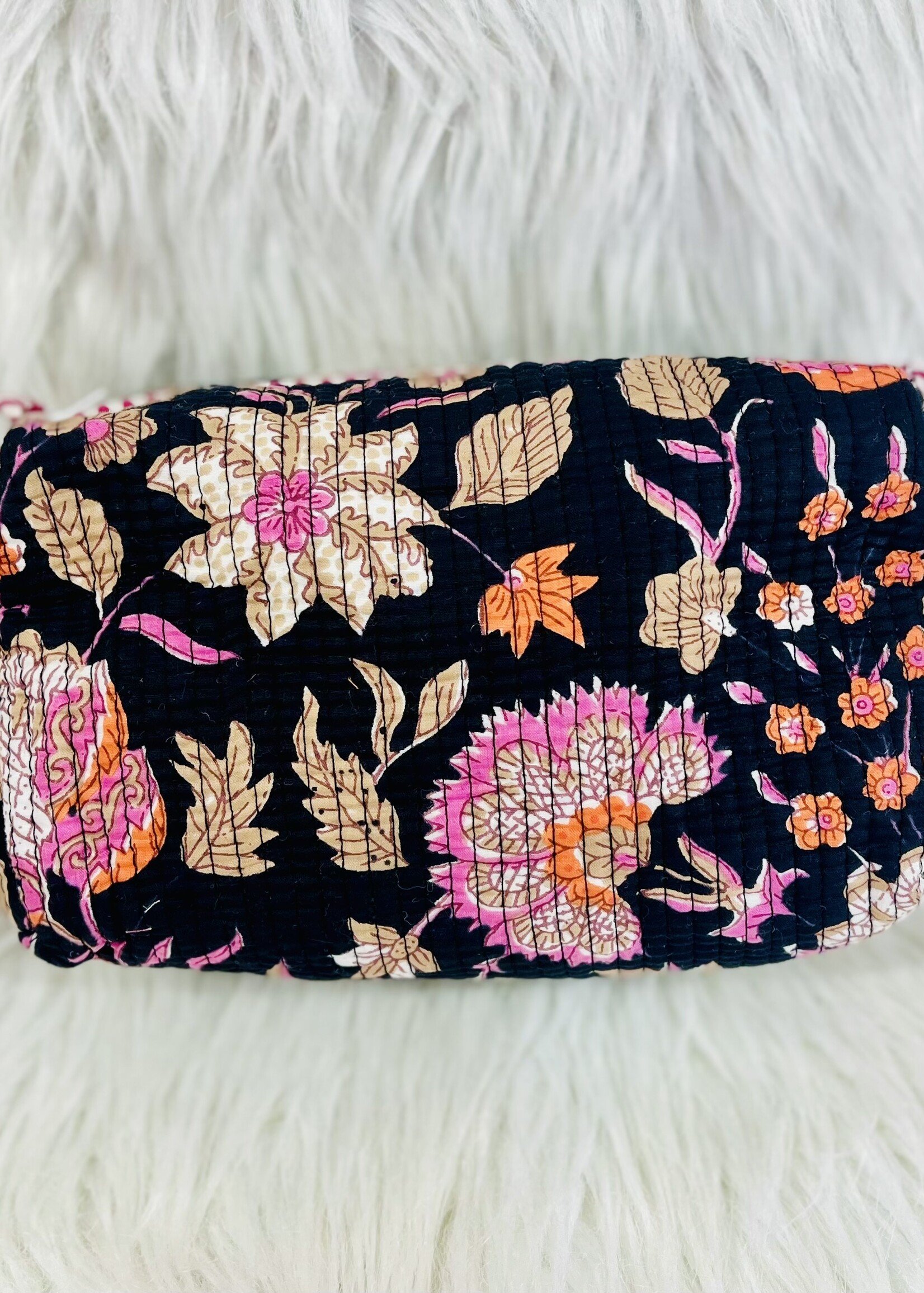 Quilted Black Floral Cosmetic Bag-Large