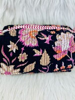 Quilted Black Floral Cosmetic Bag-Medium