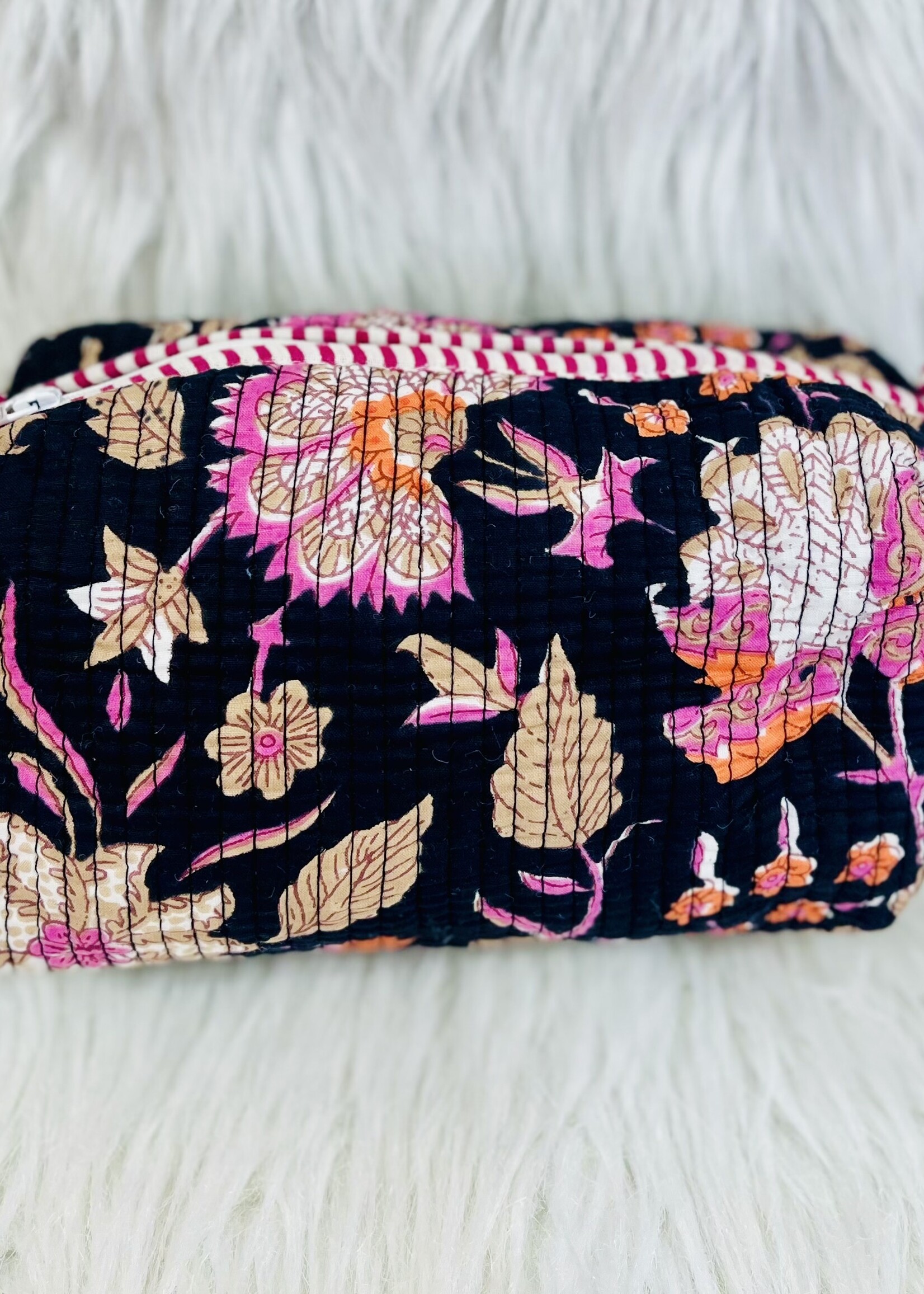 Quilted Black Floral Cosmetic Bag-Medium