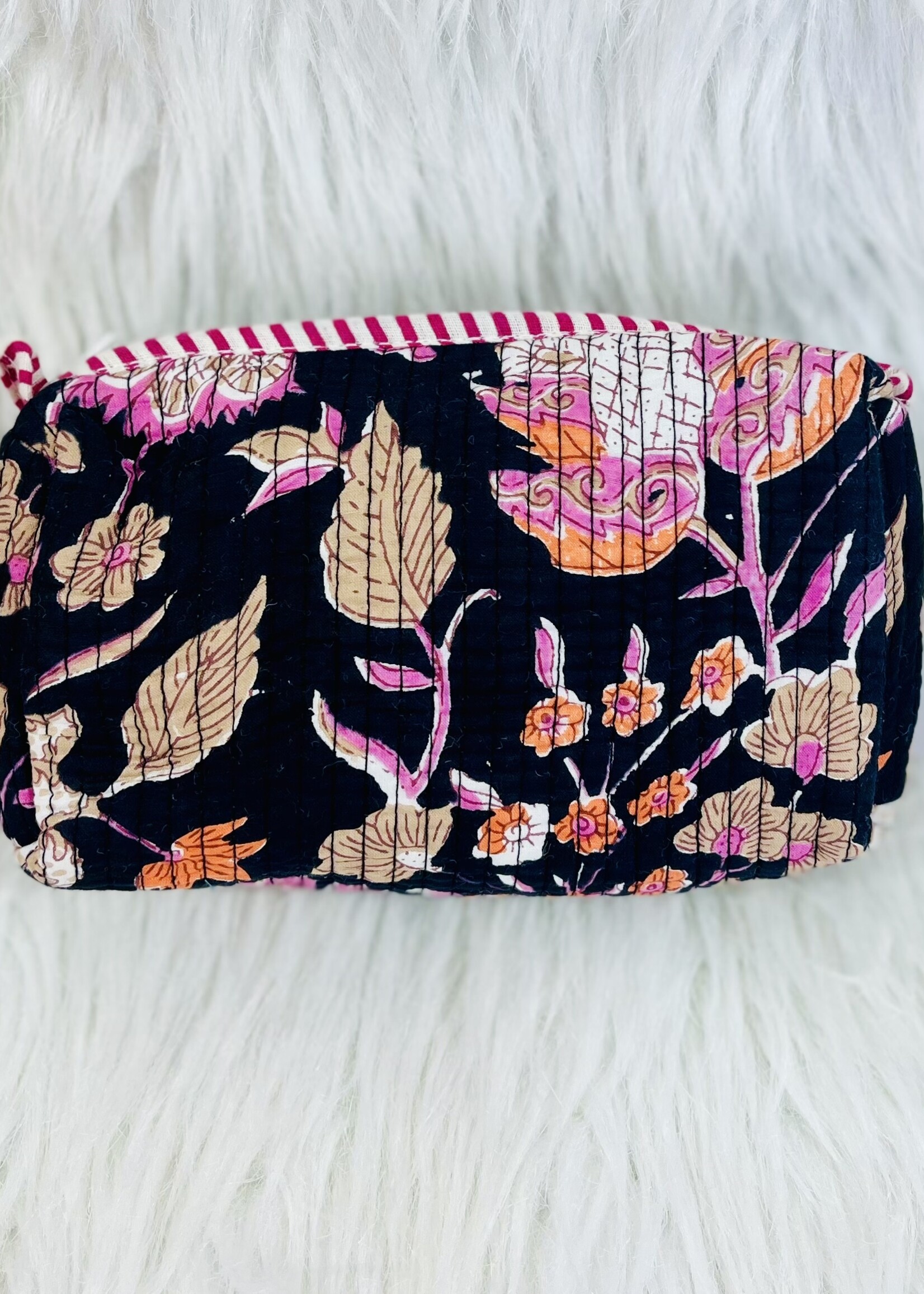Quilted Black Floral Cosmetic Bag-Small