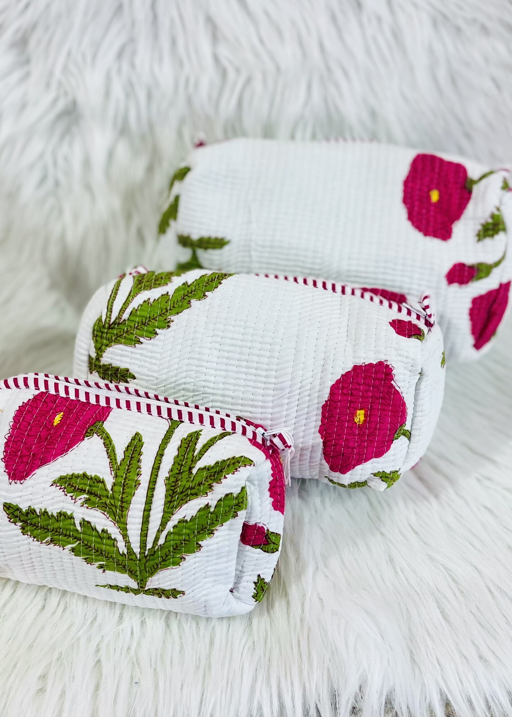 Quilted White Floral Cosmetic Bag-Medium