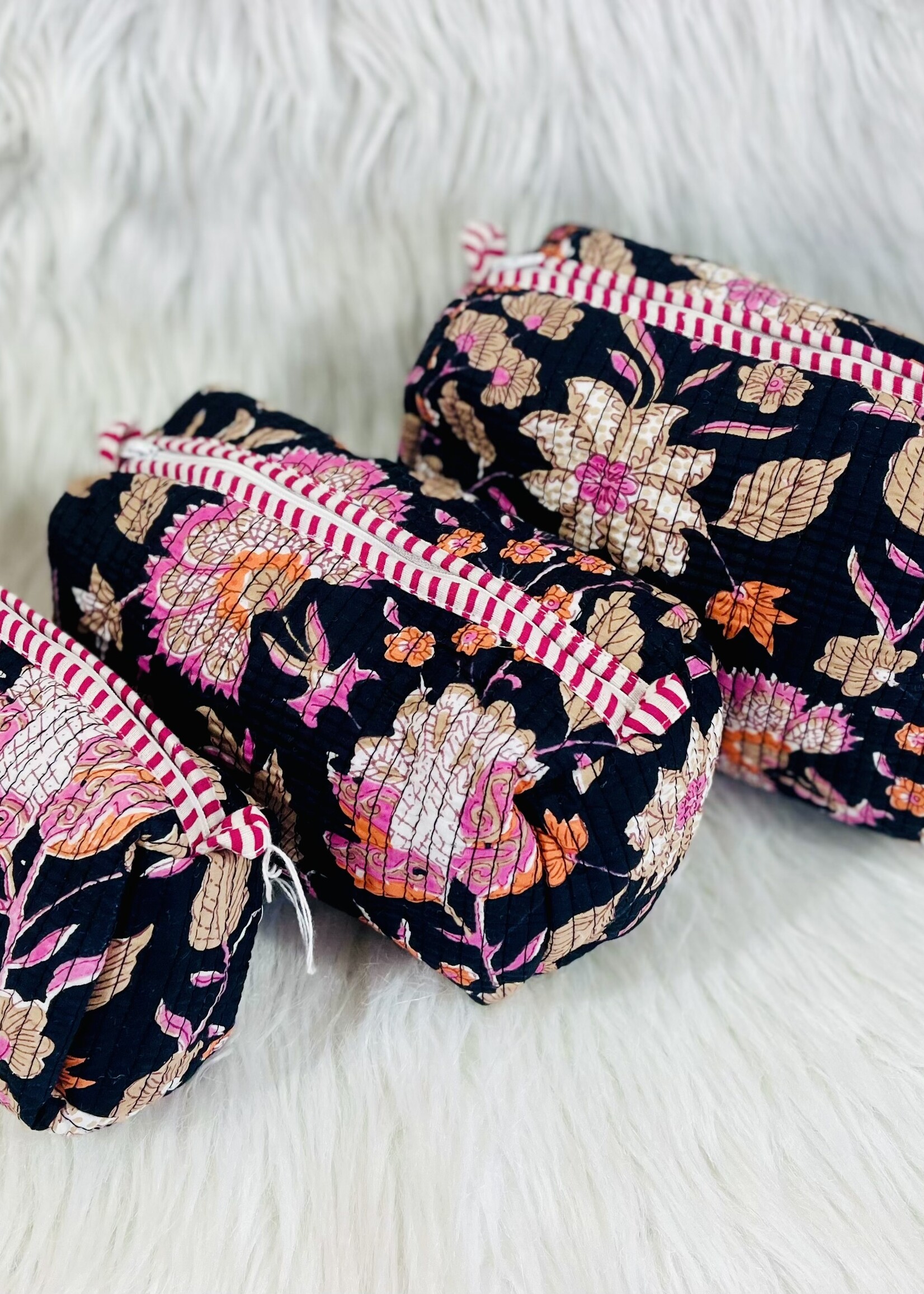 Quilted Black Floral Cosmetic Bag-Small