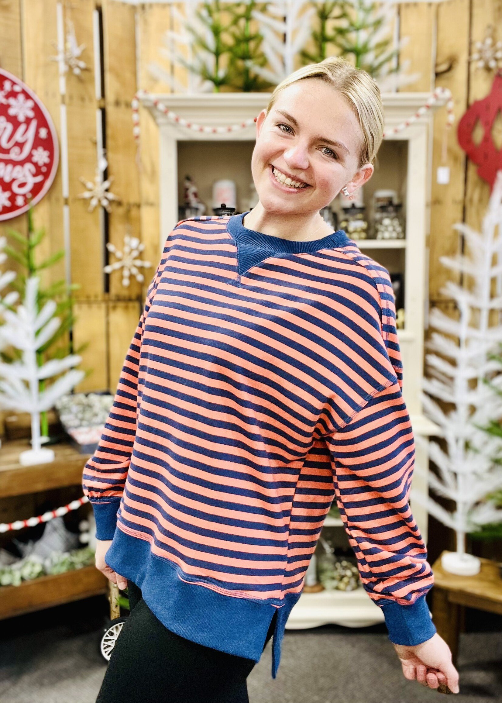 Very J Coral/Navy Striped Pullover