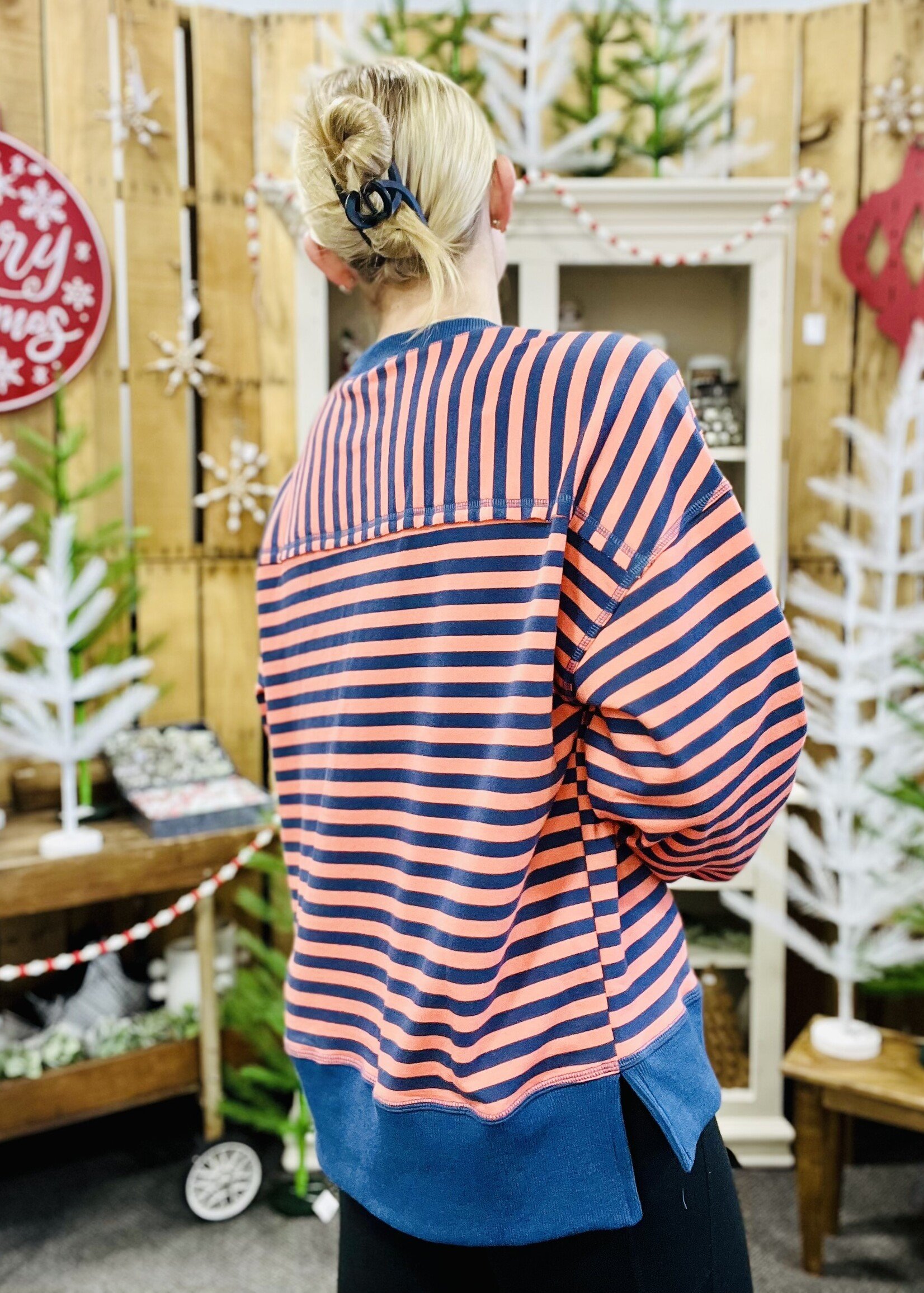 Very J Coral/Navy Striped Pullover