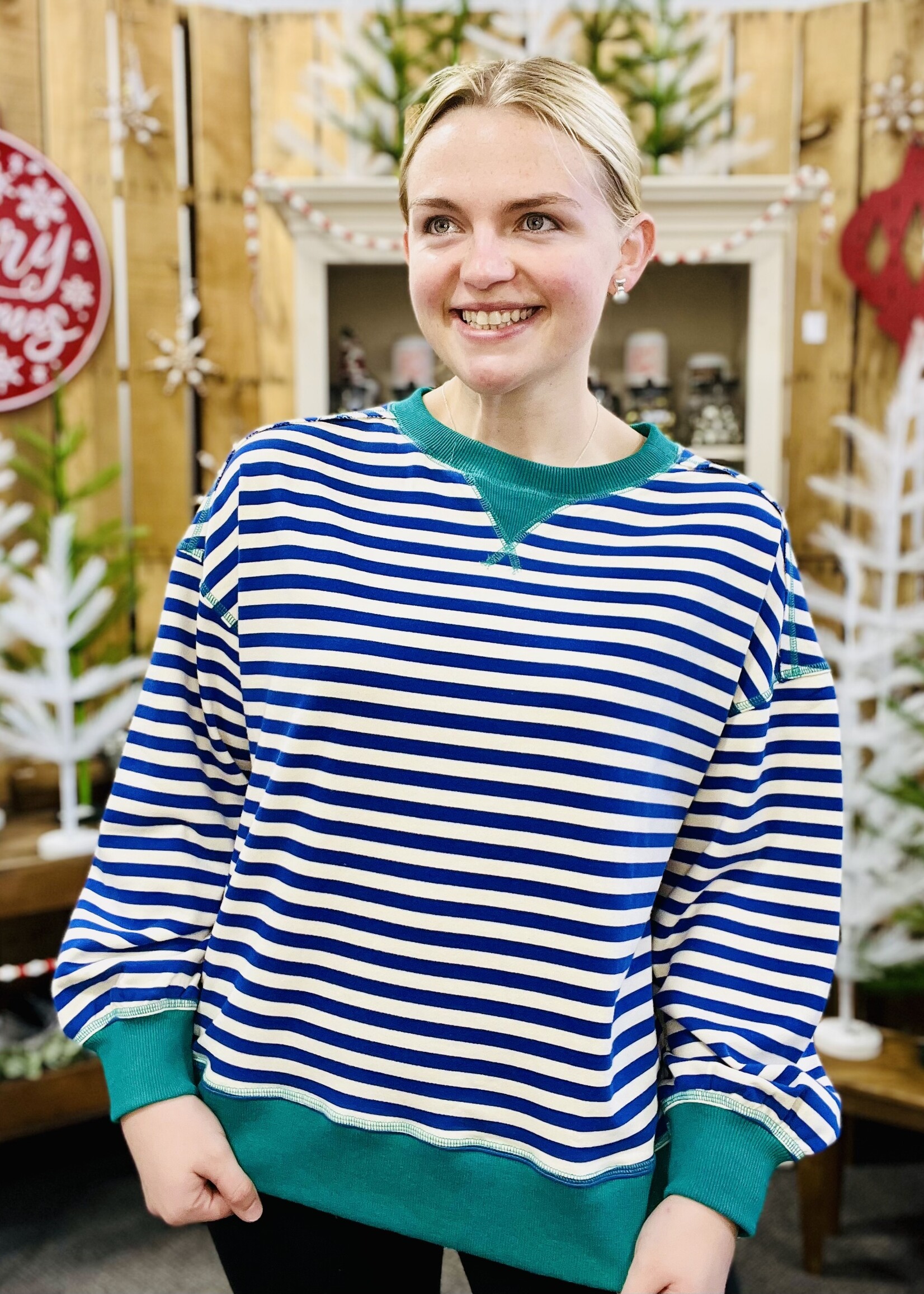 Very J Royal/Cream Striped Pullover