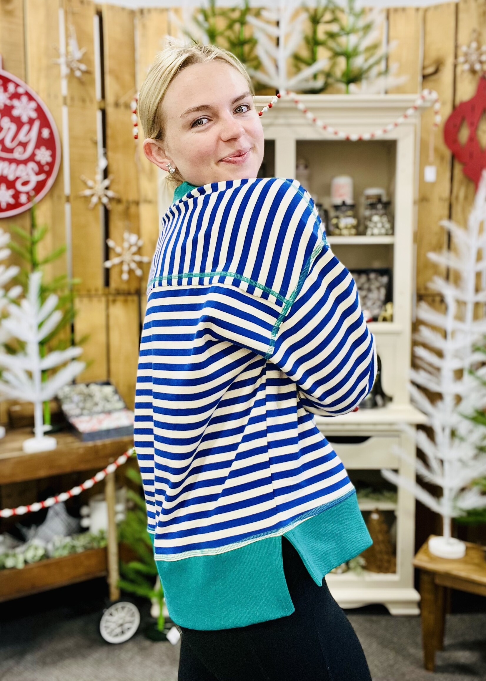 Very J Royal/Cream Striped Pullover