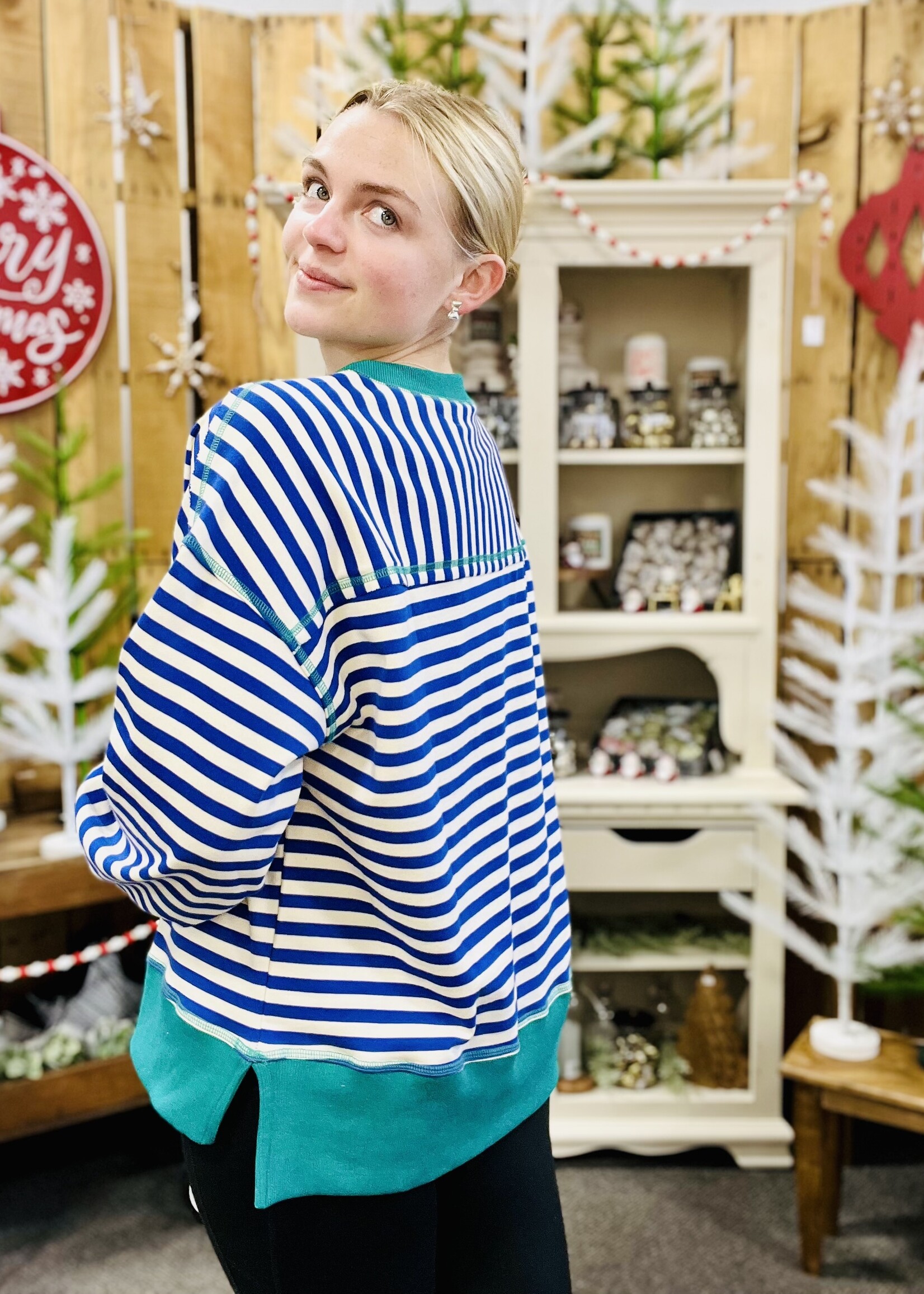 Very J Royal/Cream Striped Pullover