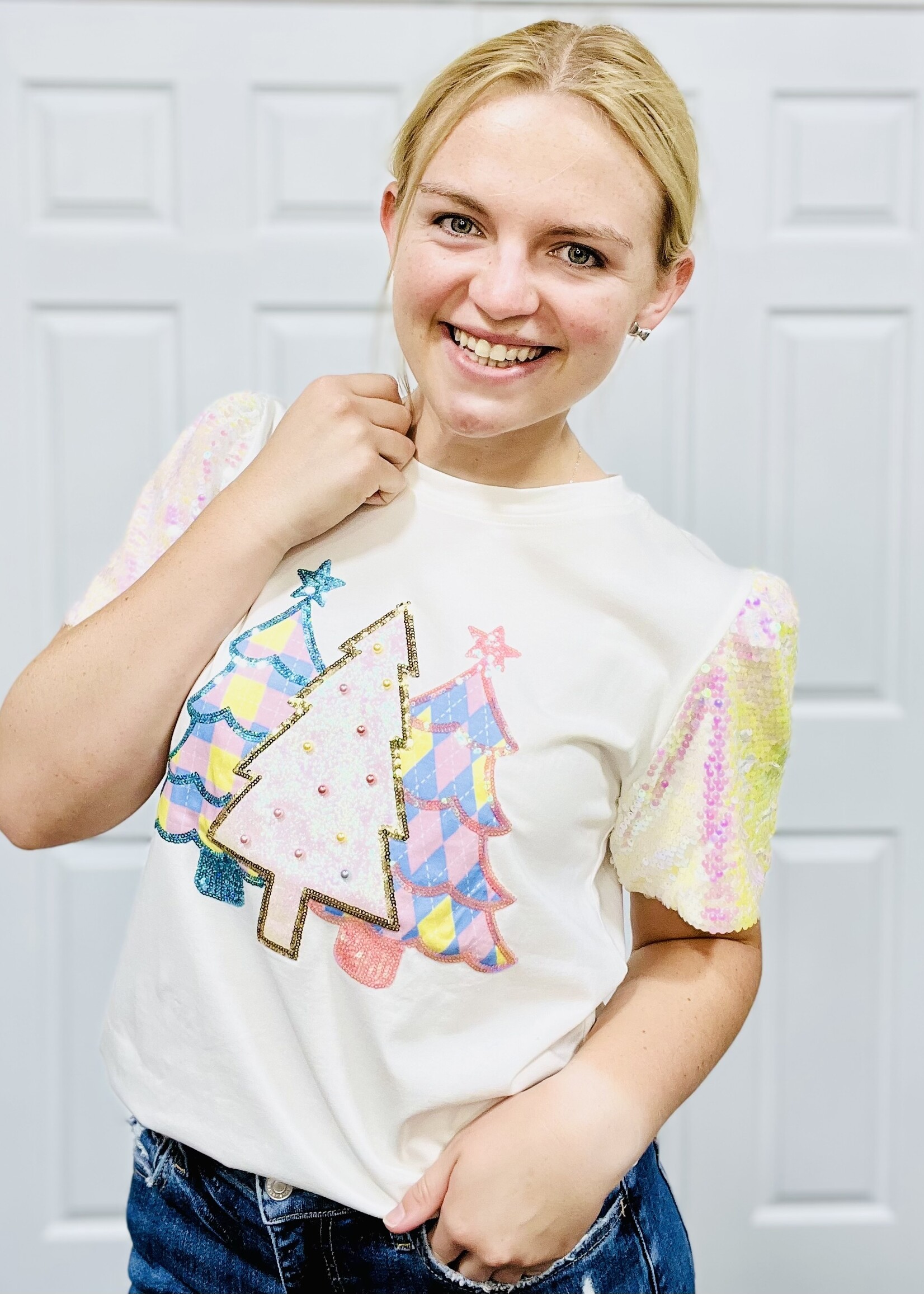 Grace+Emma White Festive Forest Sequin Top