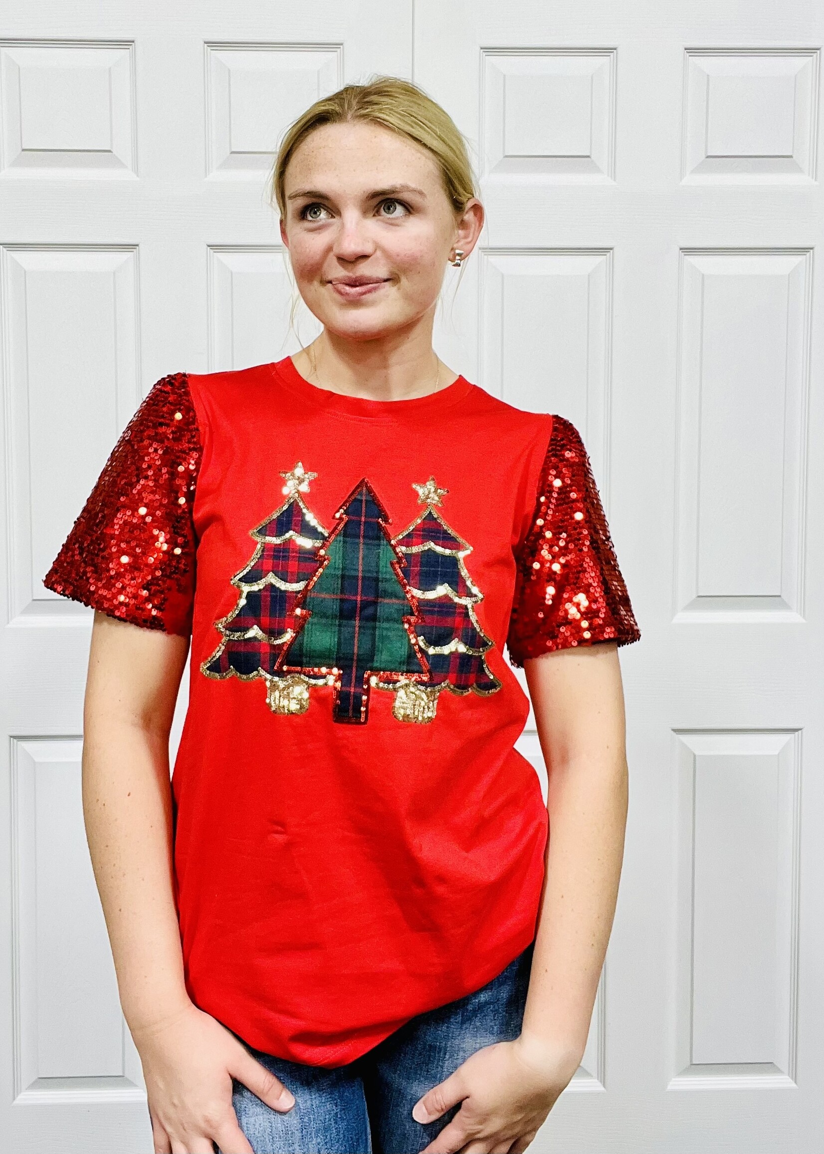 Grace+Emma Red Festive Forest Sequin Top