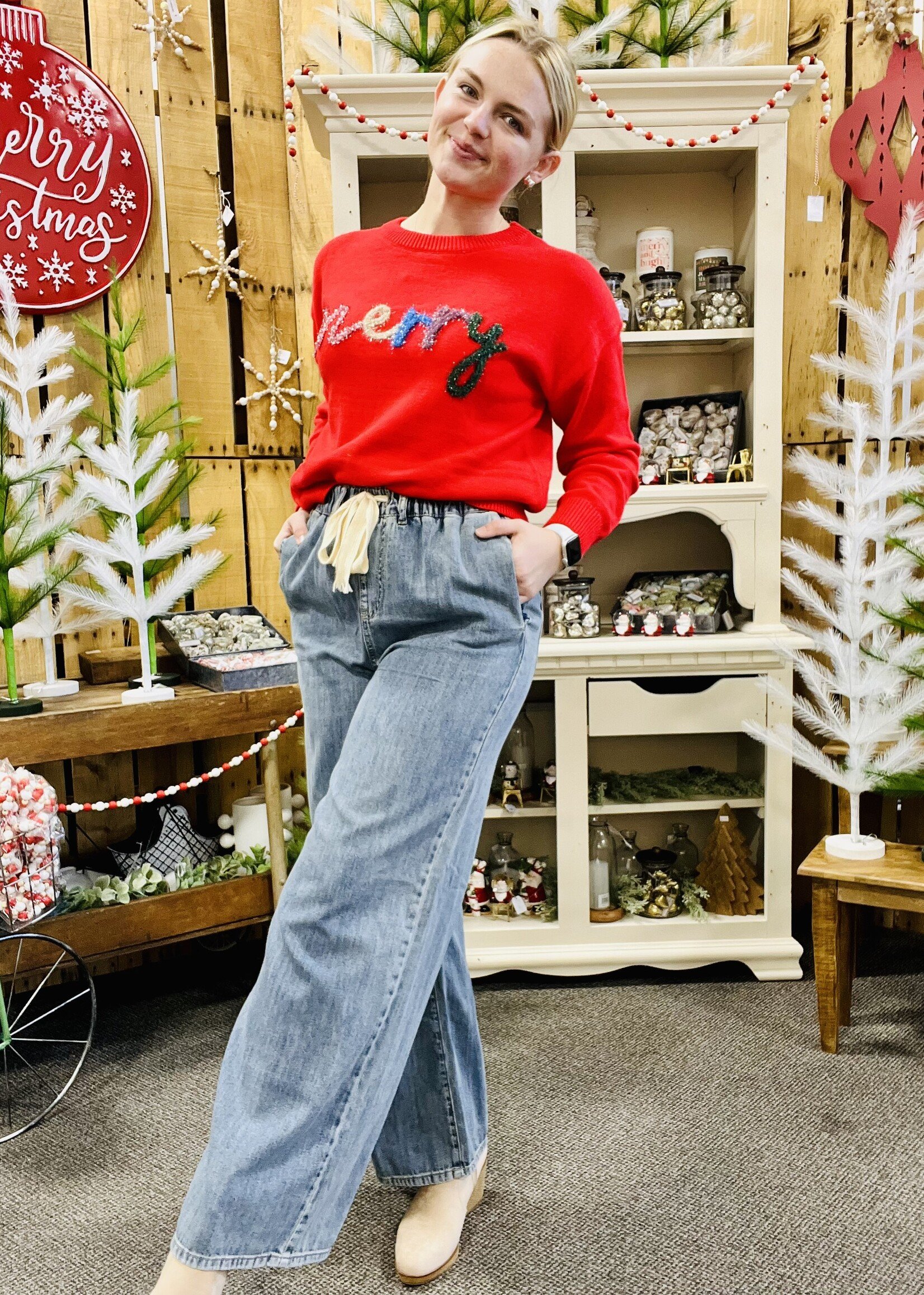 Zenana Wide Leg Drawstring Denim Pants