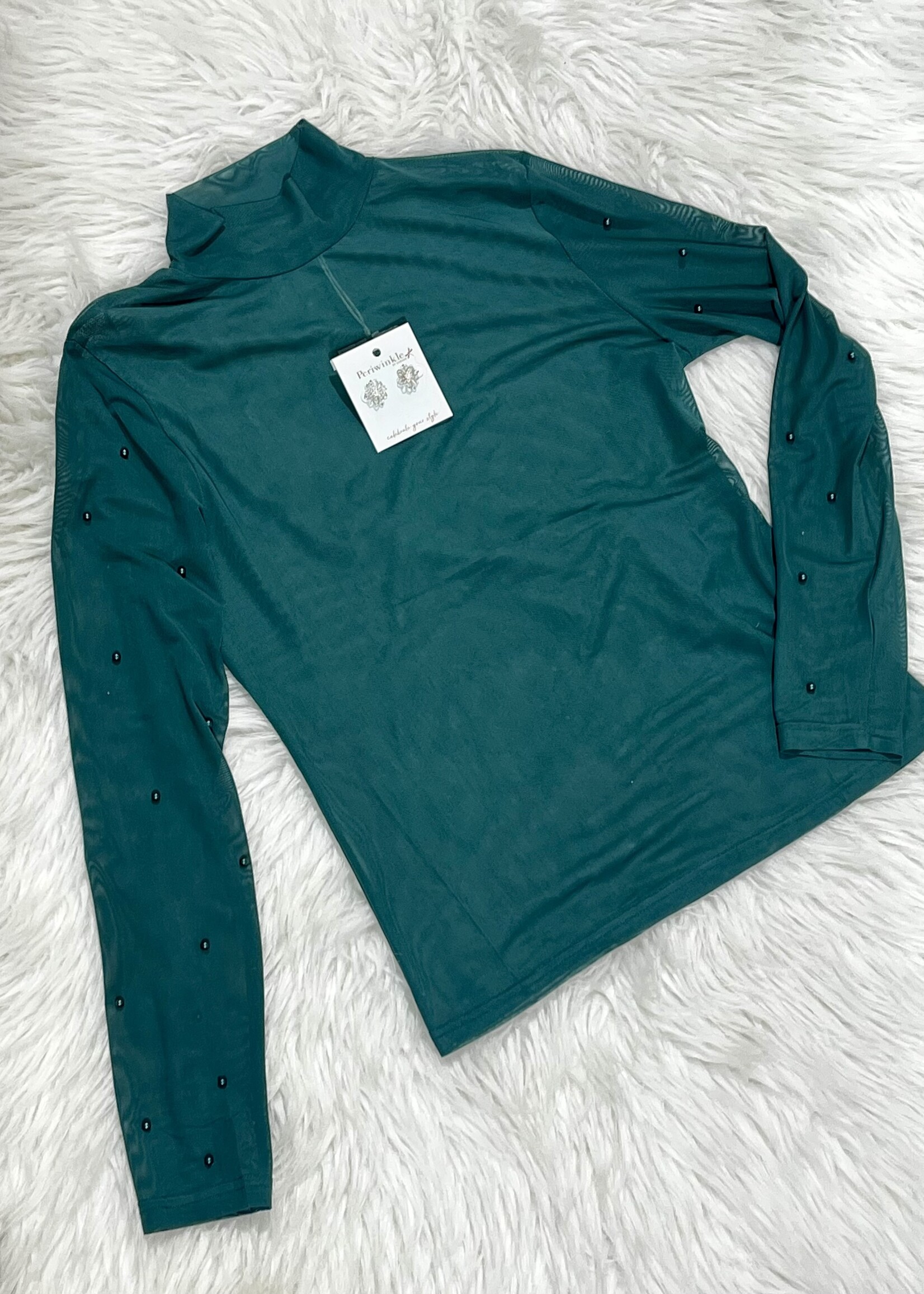 Grace+Emma Green Mock Neck Sheer Top with Pearl Detail