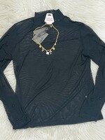 Grace+Emma Black Mock Neck Sheer Top with Pearl Detail