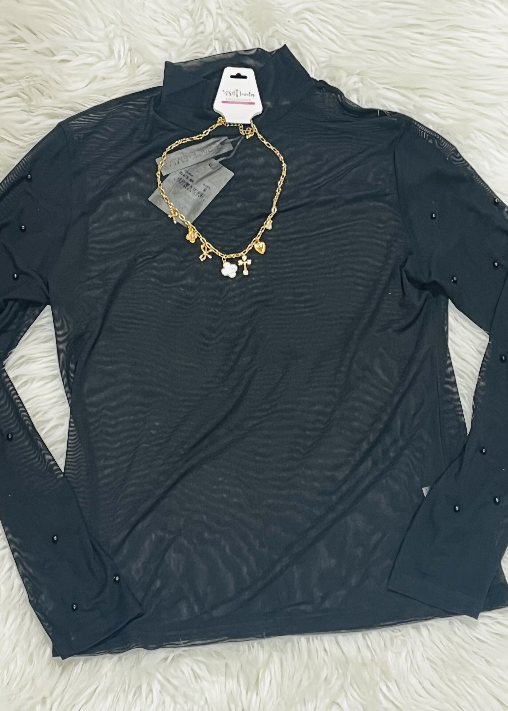 Grace+Emma Black Mock Neck Sheer Top with Pearl Detail