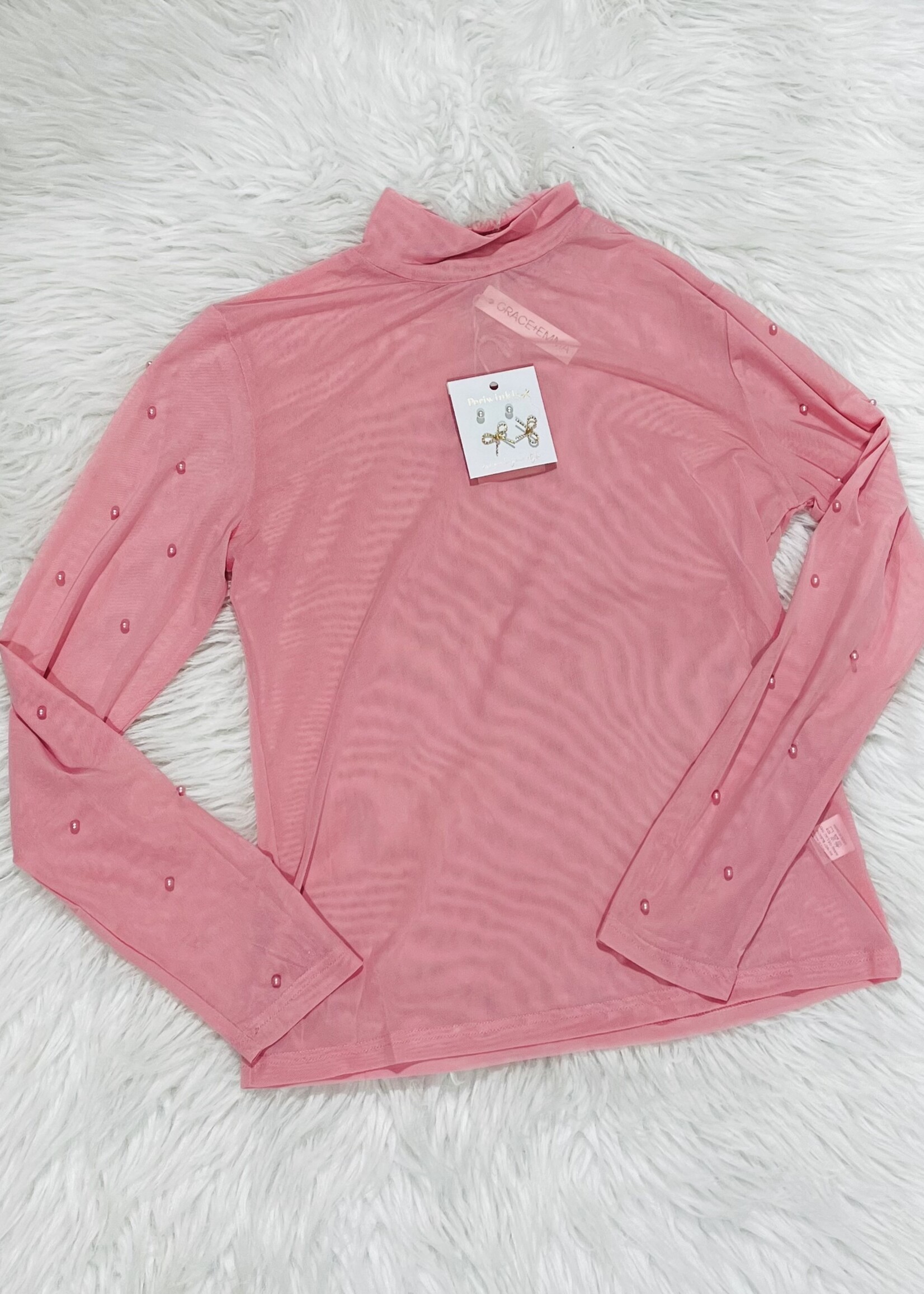 Grace+Emma Pink Mock Neck Sheer Top with Pearl Detail