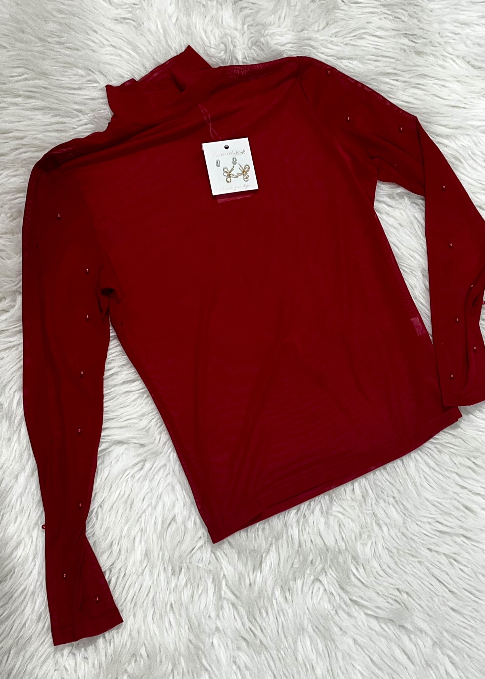 Grace+Emma Red Mock Neck Sheer Top with Pearl Detail